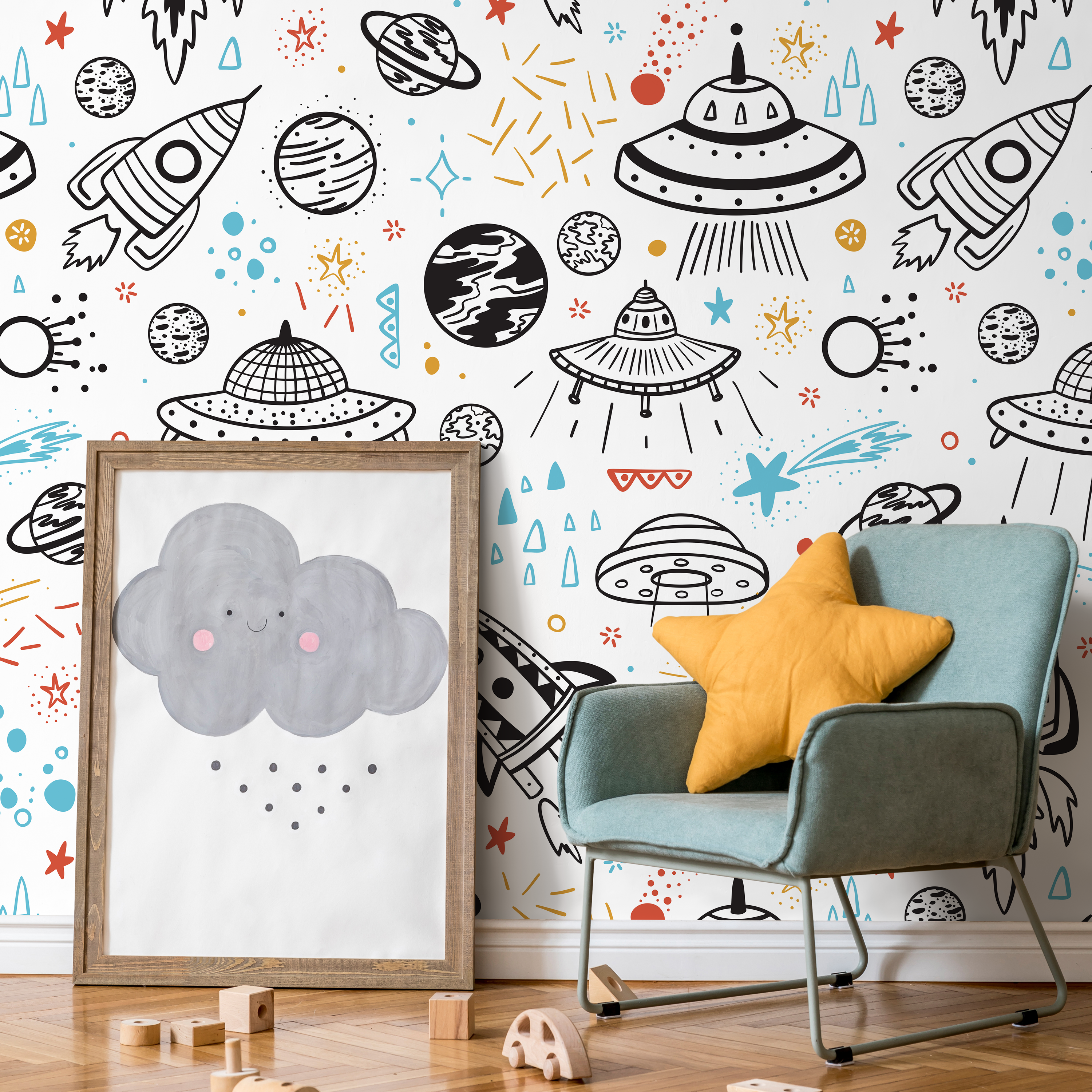 Space Wallpaper With Hand-drawn Rockets And Planets In Black, Blue, And Red - A654
