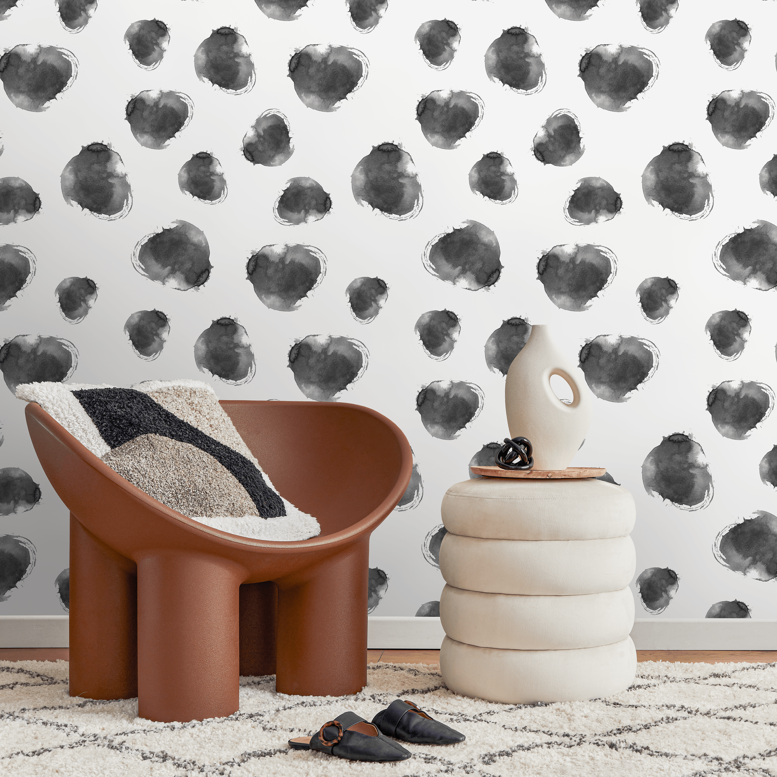 Abstract Wallpaper With Ink Wash Dots In Black And White - A662