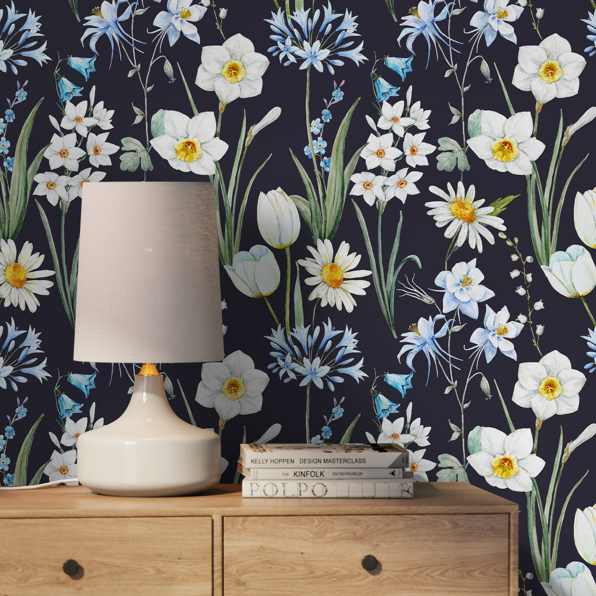 Botanical Wallpaper With A Wildflower Meadow In Dark Blue, White, And Yellow - A663