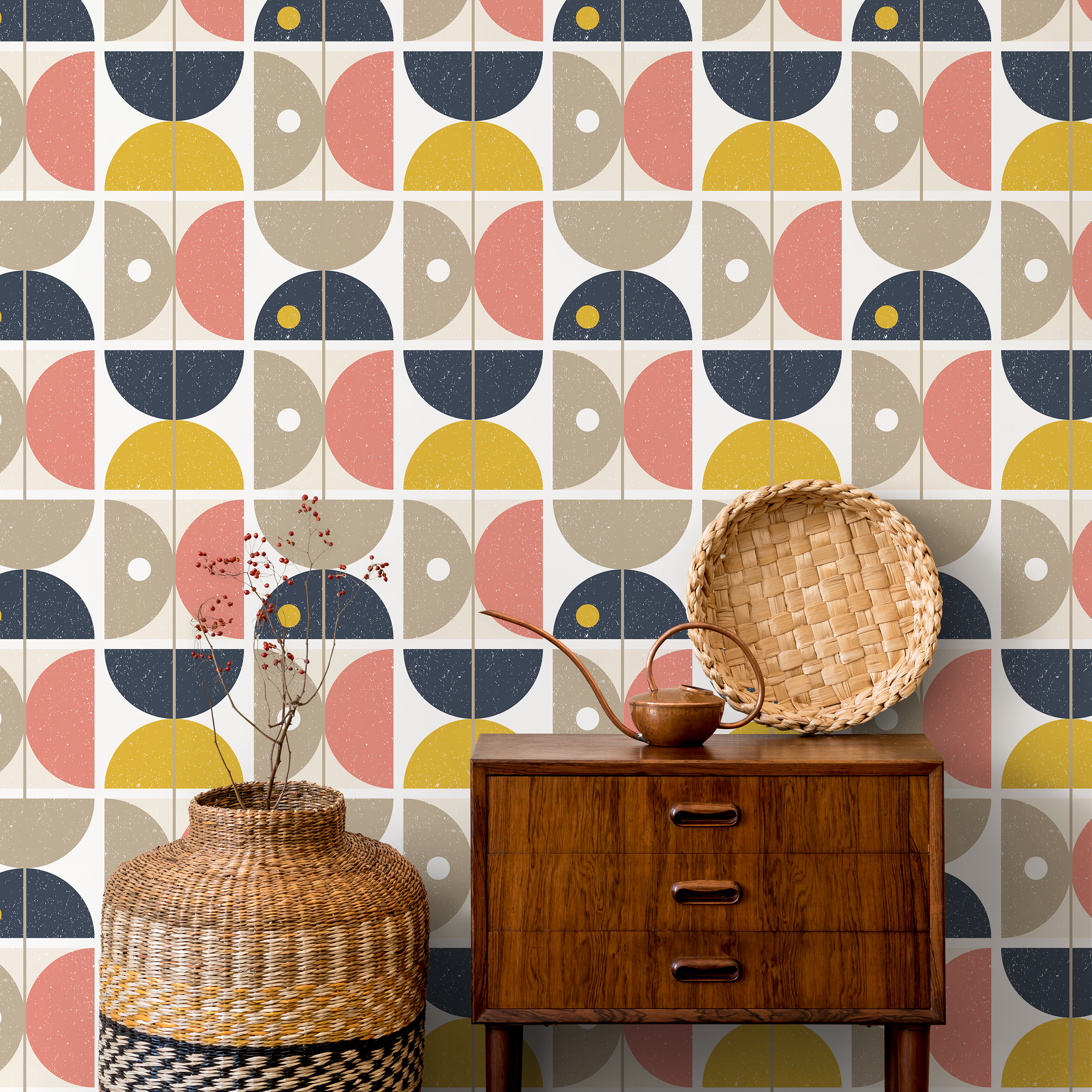 Geometric Wallpaper With Retro Semi-circles In Blue, Yellow, And Pink - A666