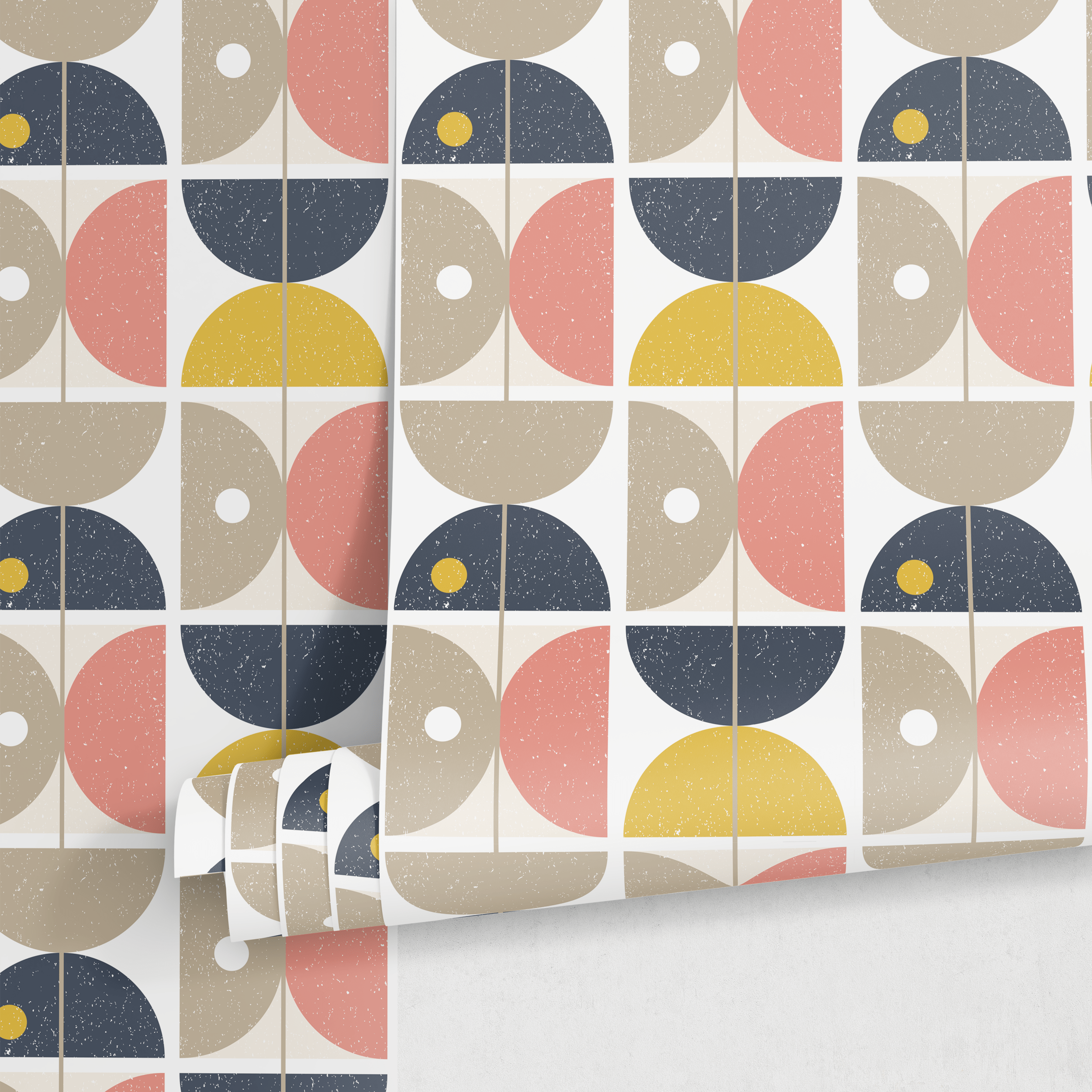 Geometric Wallpaper With Retro Semi-circles In Blue, Yellow, And Pink - A666