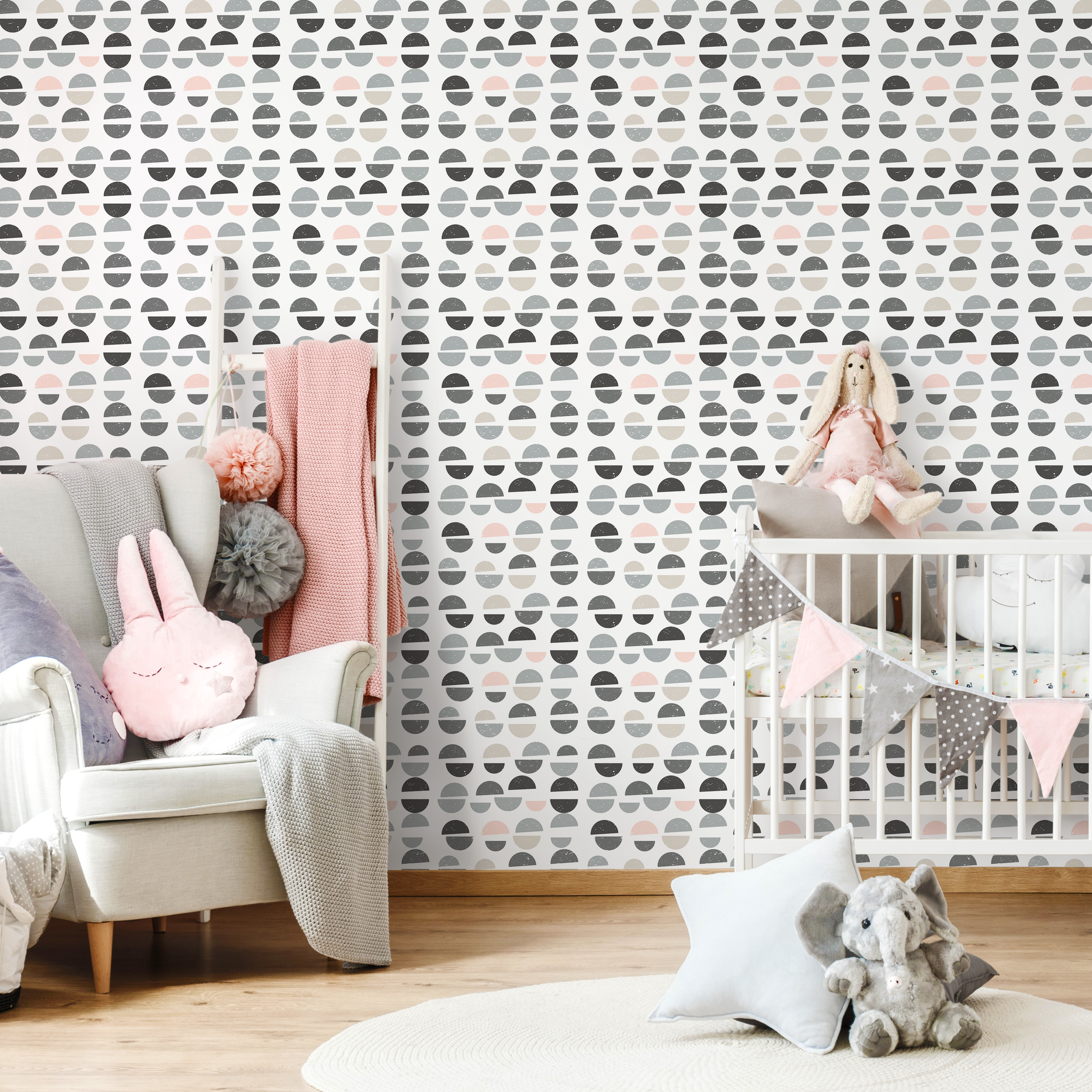 Geometric Wallpaper With Distressed Semi-circles In Gray, Pink, And Beige - A670