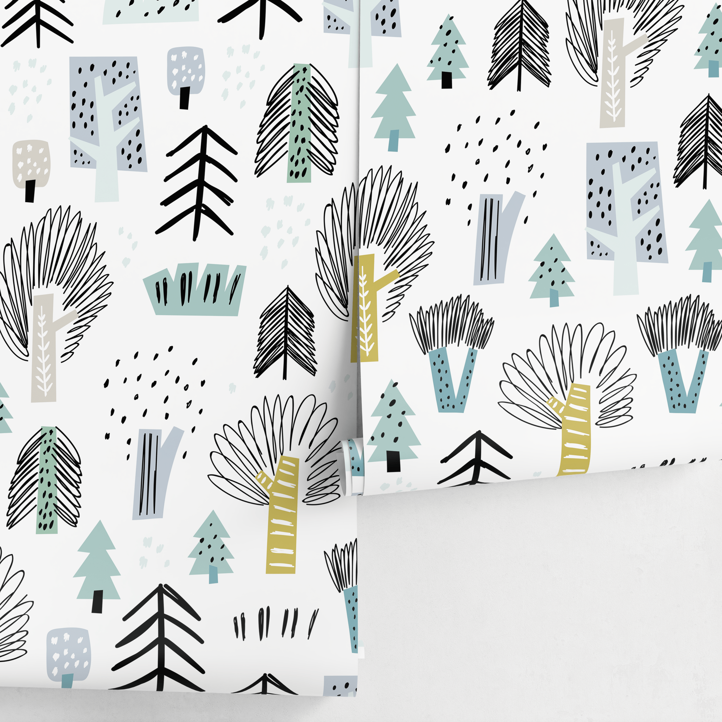 Scandinavian Wallpaper With A Stylized Forest In Black, Green, And Blue - A675