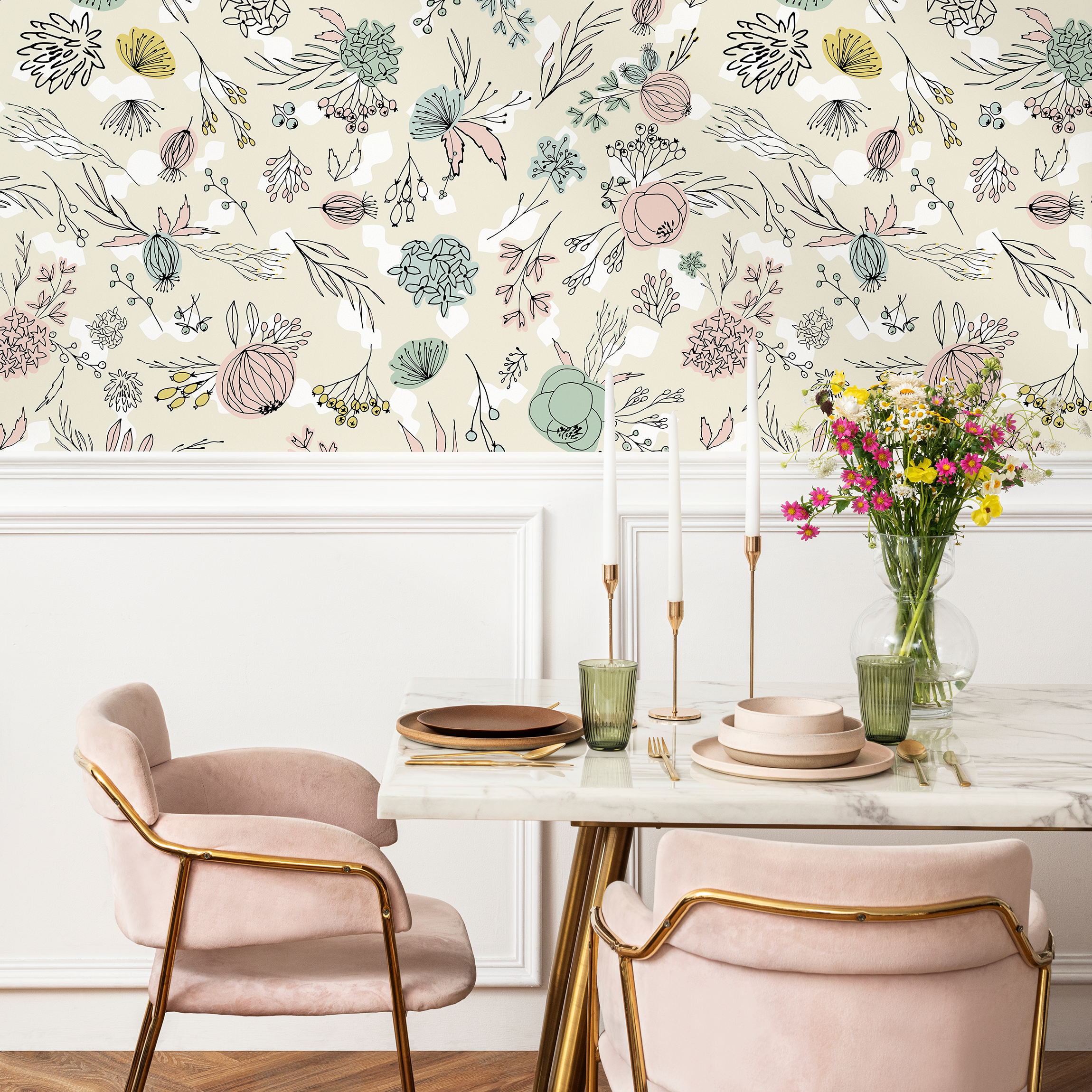 Floral Wallpaper With A Whimsical Hand-drawn Motif In Pink, Teal, And Yellow - A677