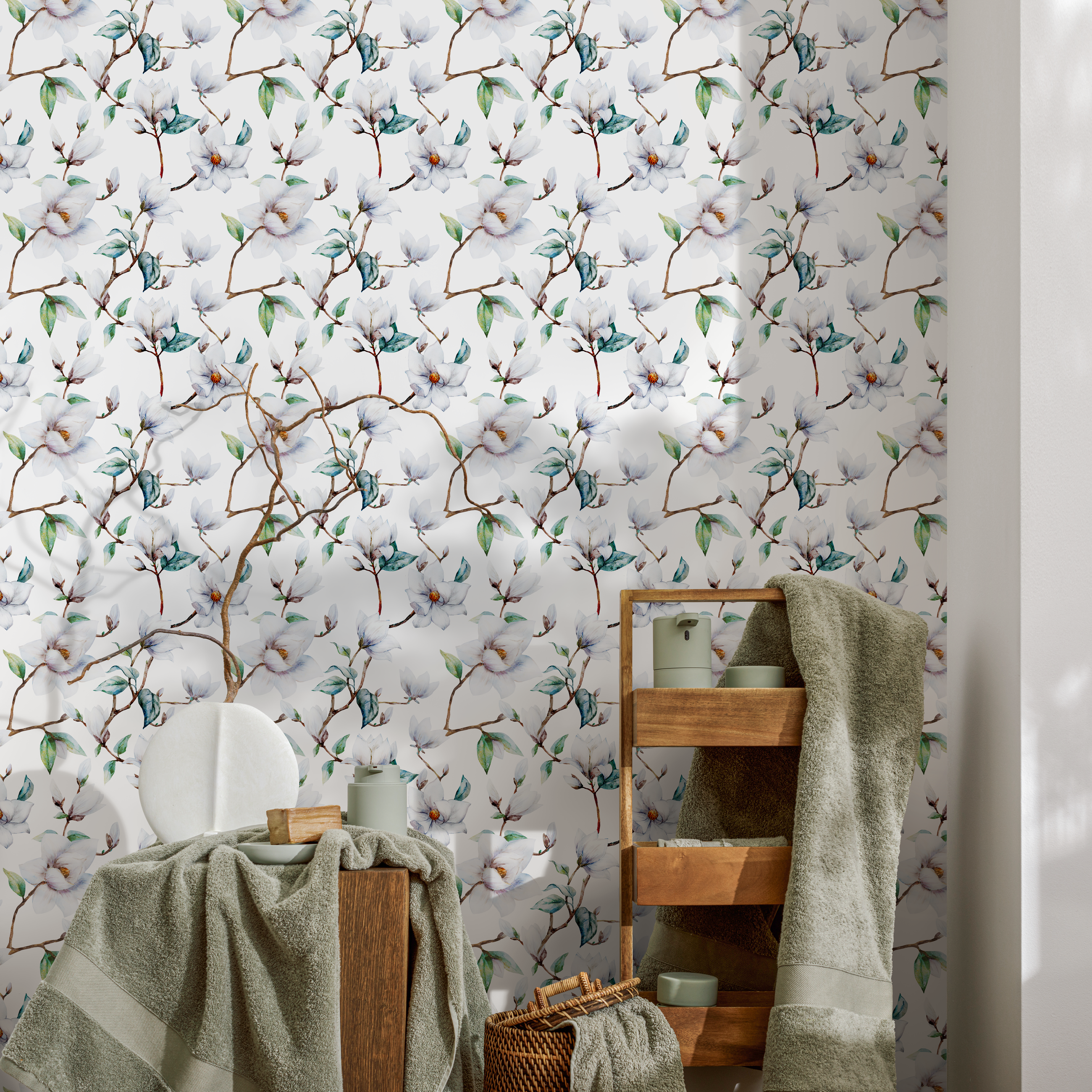 Floral Wallpaper With A Watercolor Magnolia Motif In White, Green, And Brown - A680