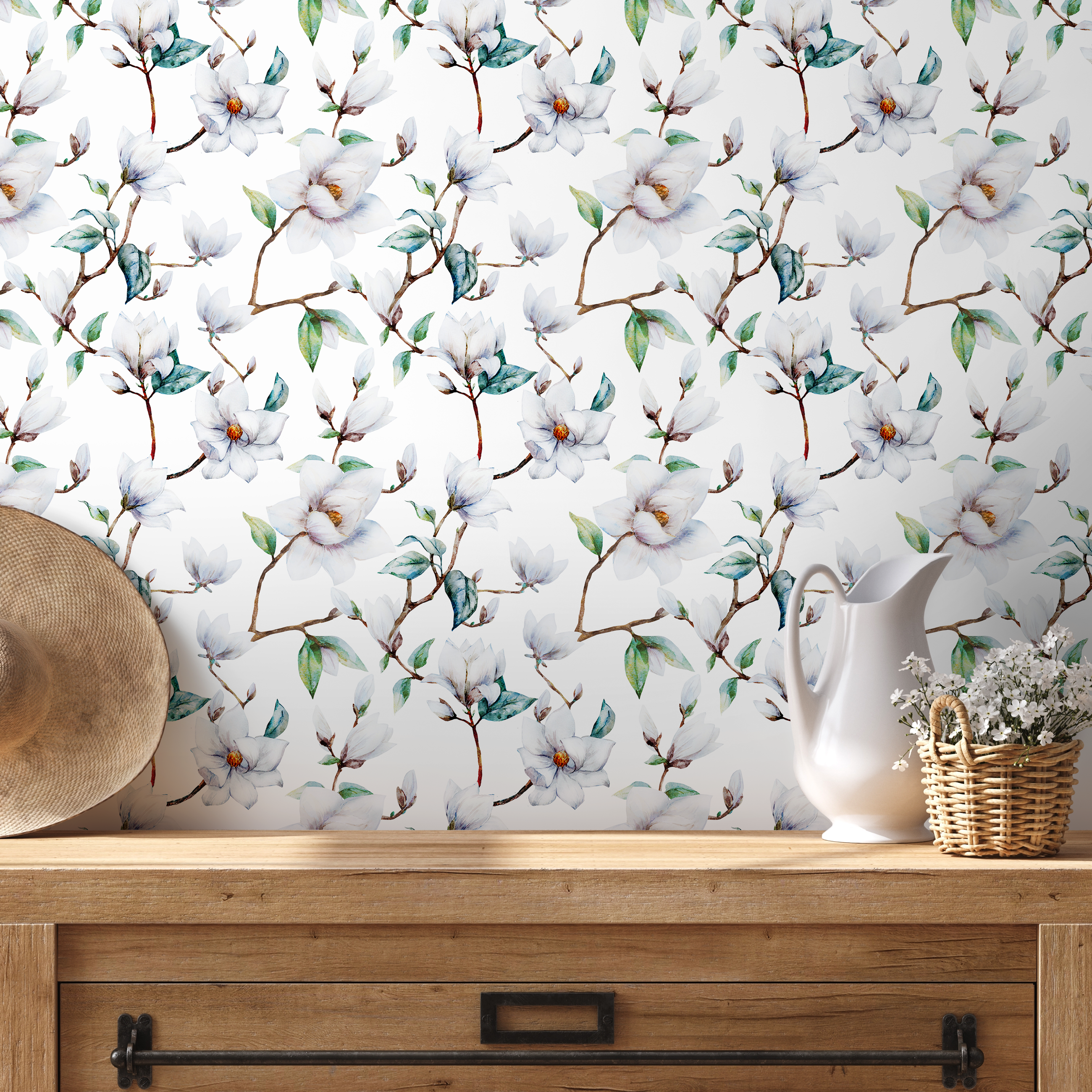 Floral Wallpaper With A Watercolor Magnolia Motif In White, Green, And Brown - A680