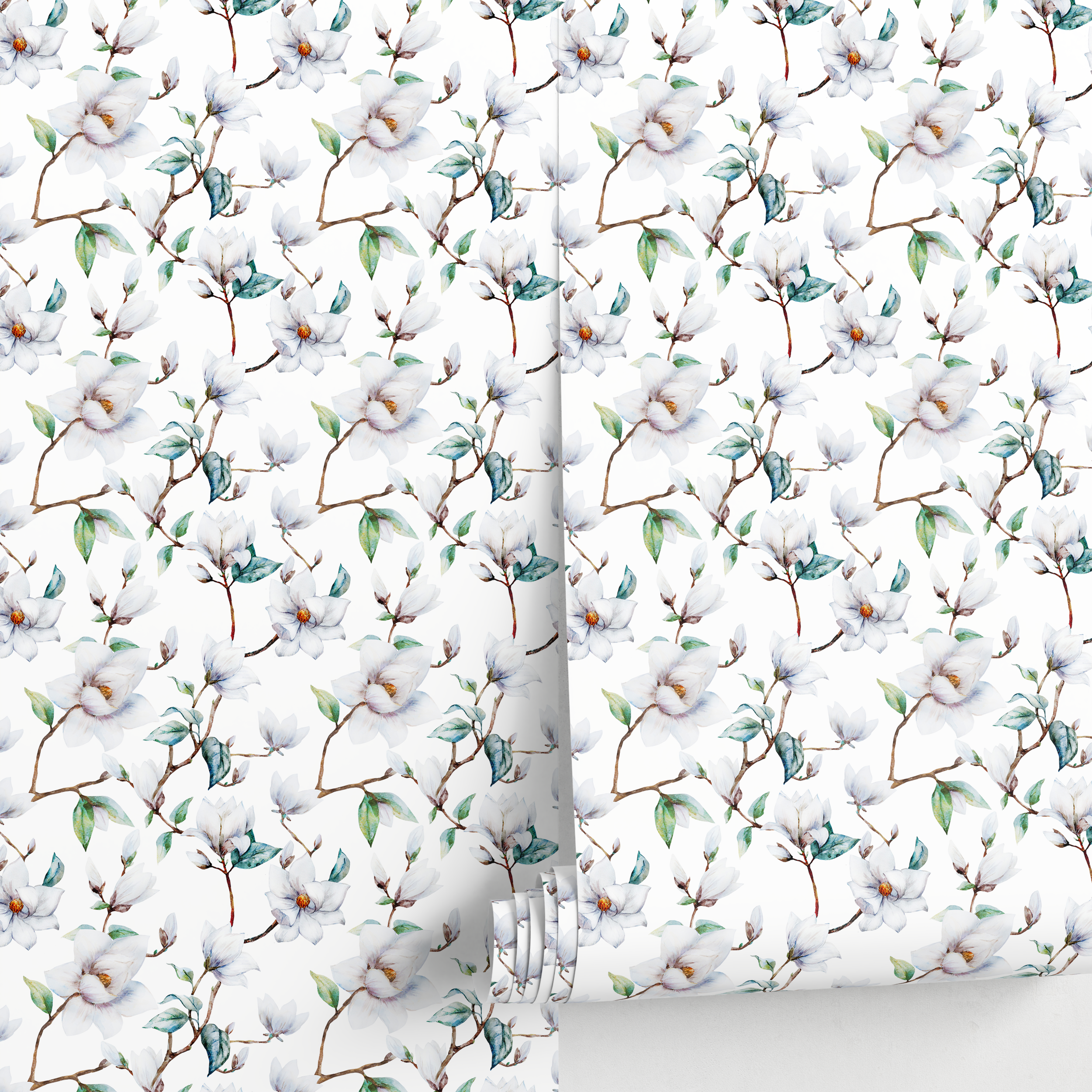 Floral Wallpaper With A Watercolor Magnolia Motif In White, Green, And Brown - A680