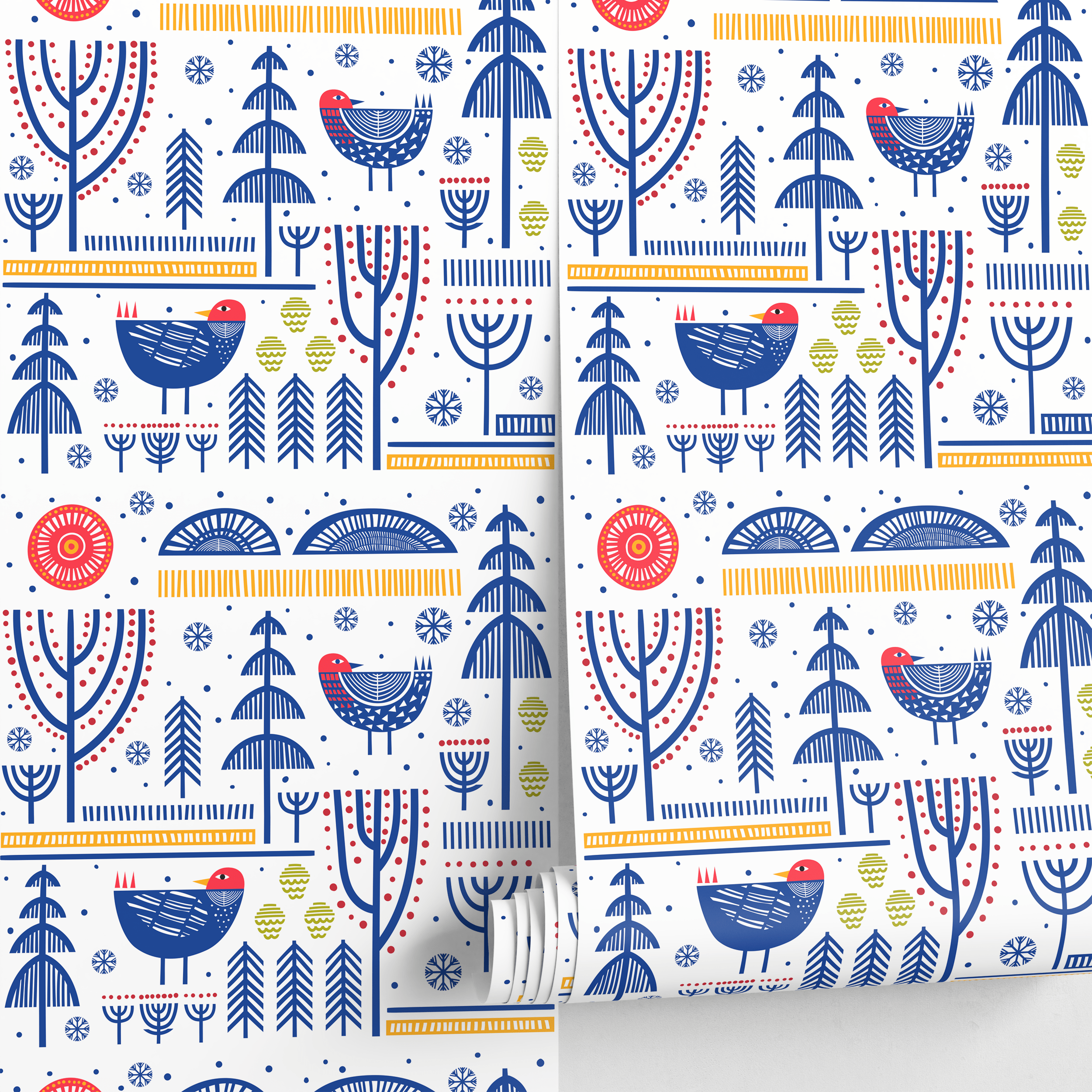 Folk Art Wallpaper With Stylized Birds And Trees In Blue, Red, And Yellow - A683