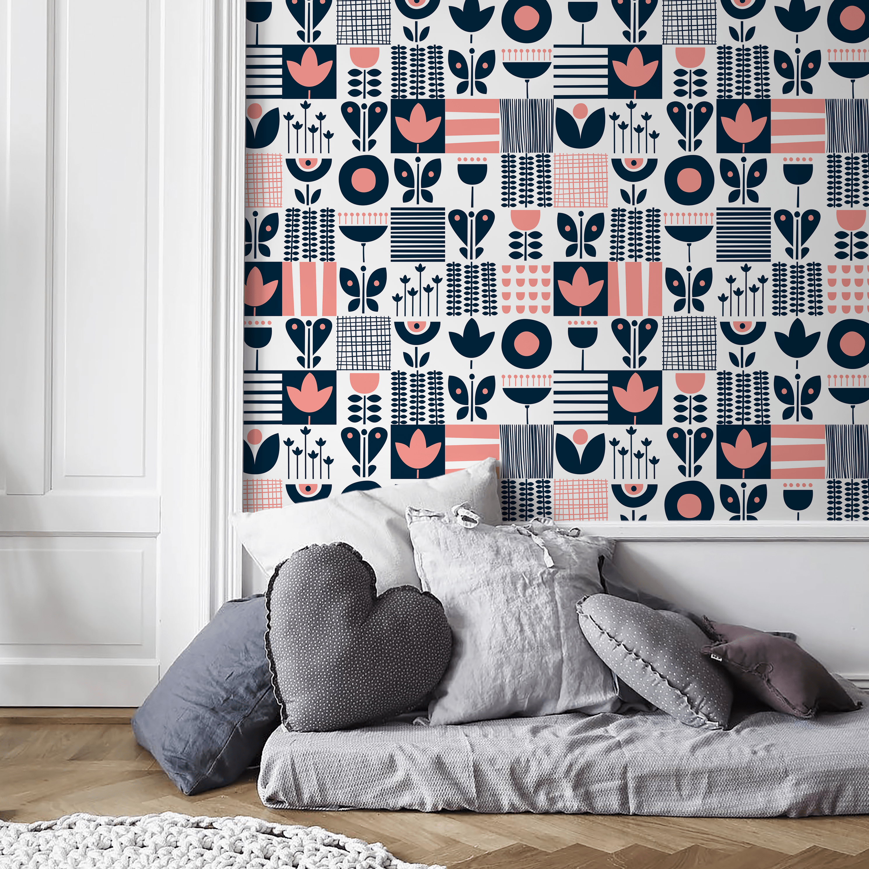 Scandinavian Wallpaper With A Folk Art Patchwork In Navy Blue And Pink - A684