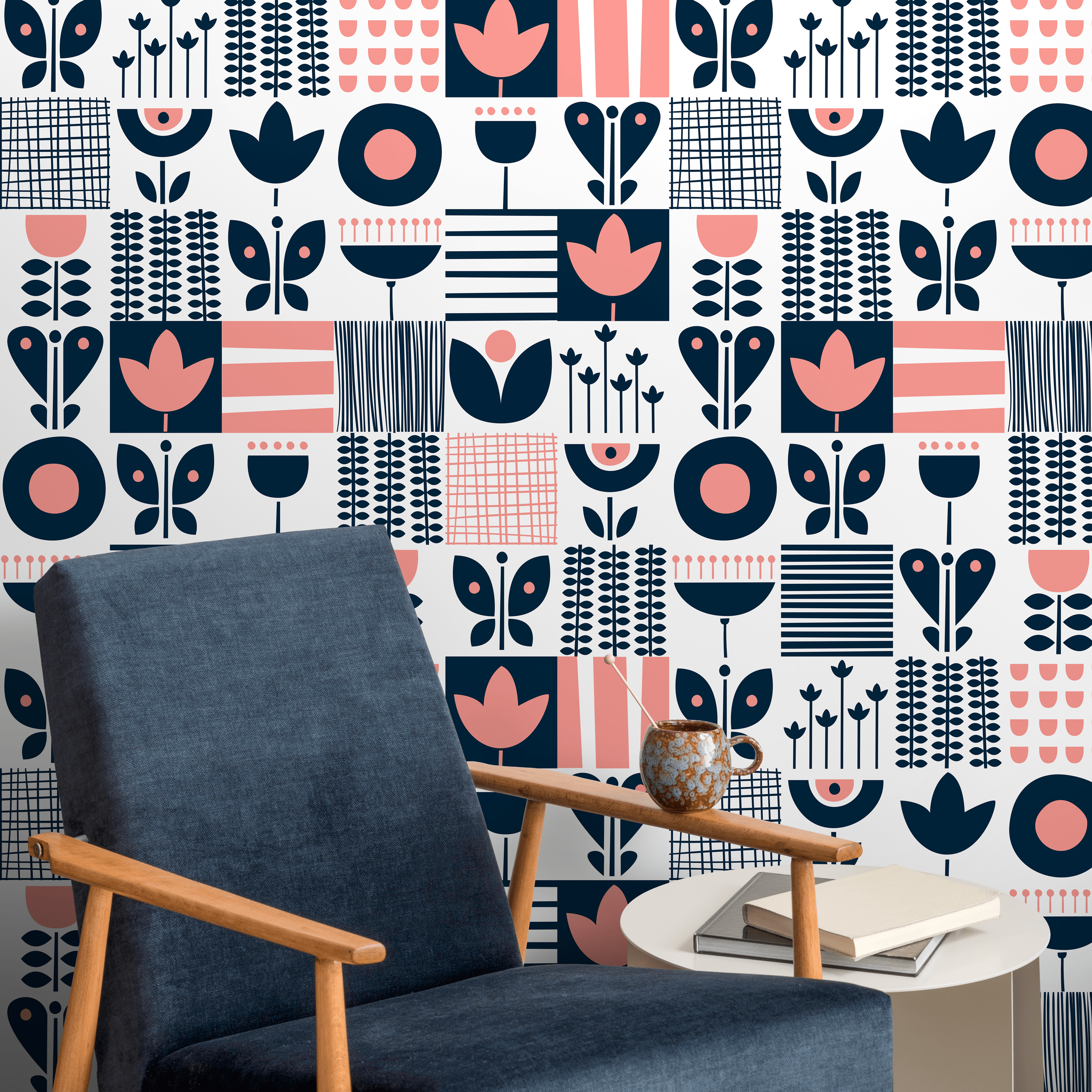 Scandinavian Wallpaper With A Folk Art Patchwork In Navy Blue And Pink - A684