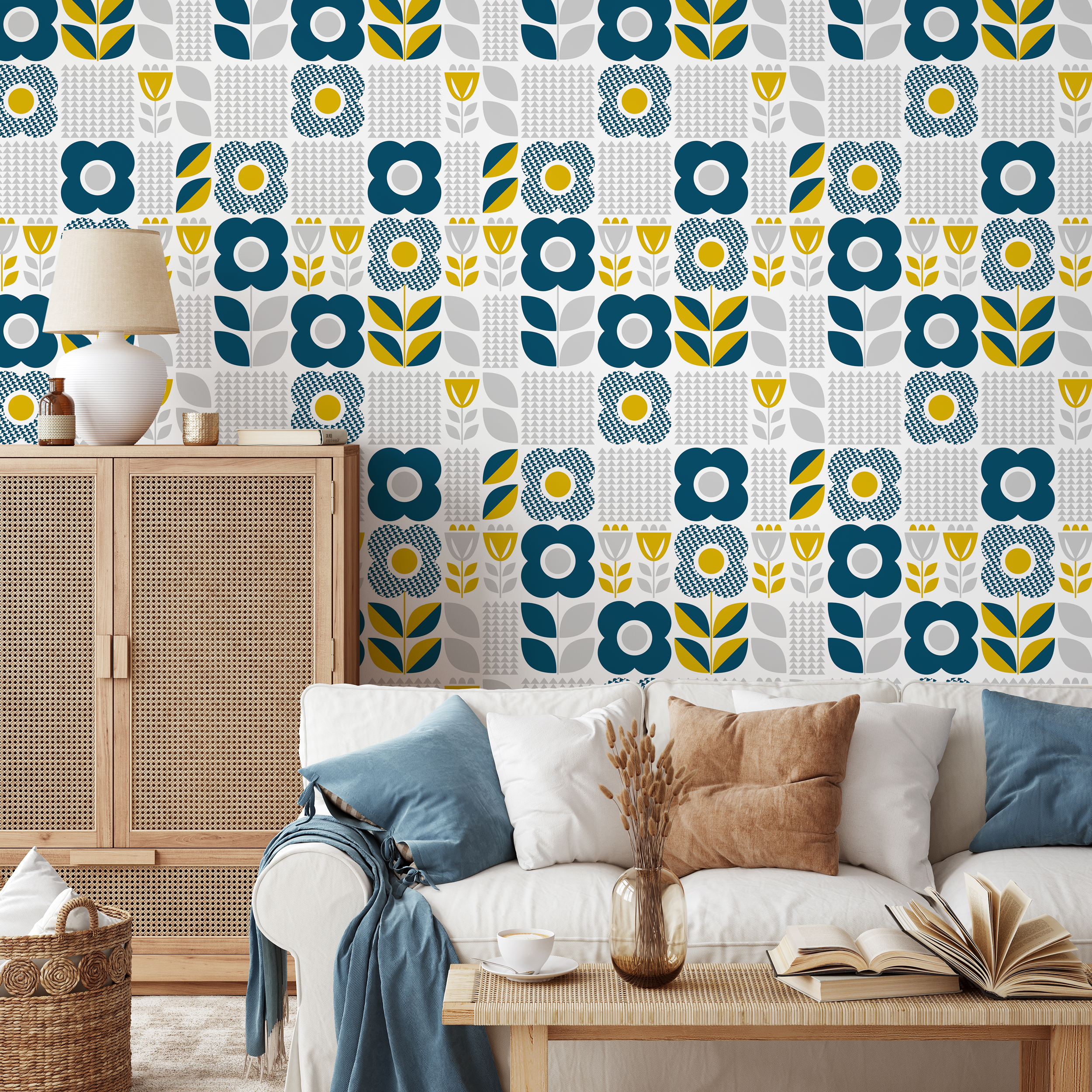 Scandinavian Wallpaper With Geometric Block Flowers In Teal, Yellow, And Gray - A685