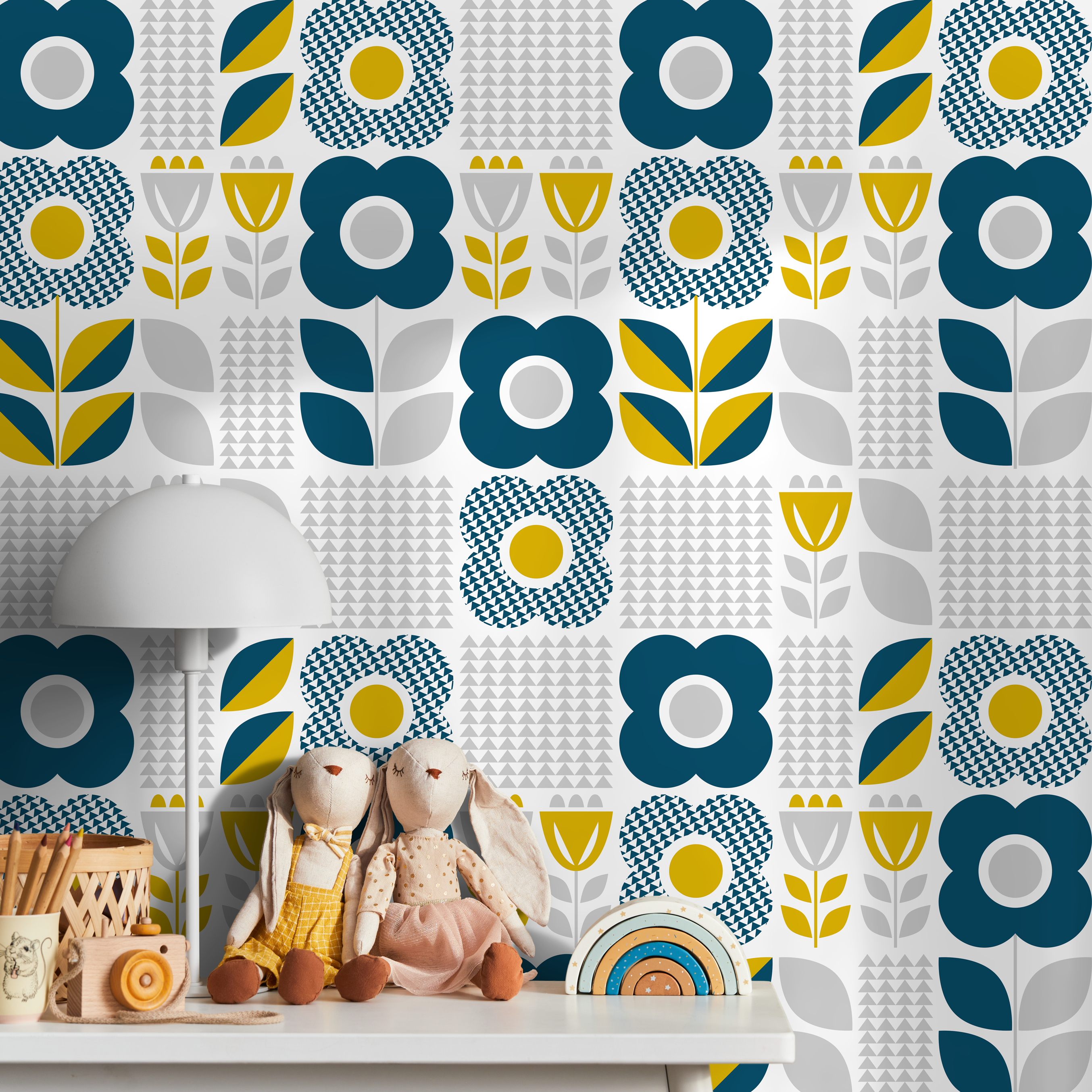 Scandinavian Wallpaper With Geometric Block Flowers In Teal, Yellow, And Gray - A685