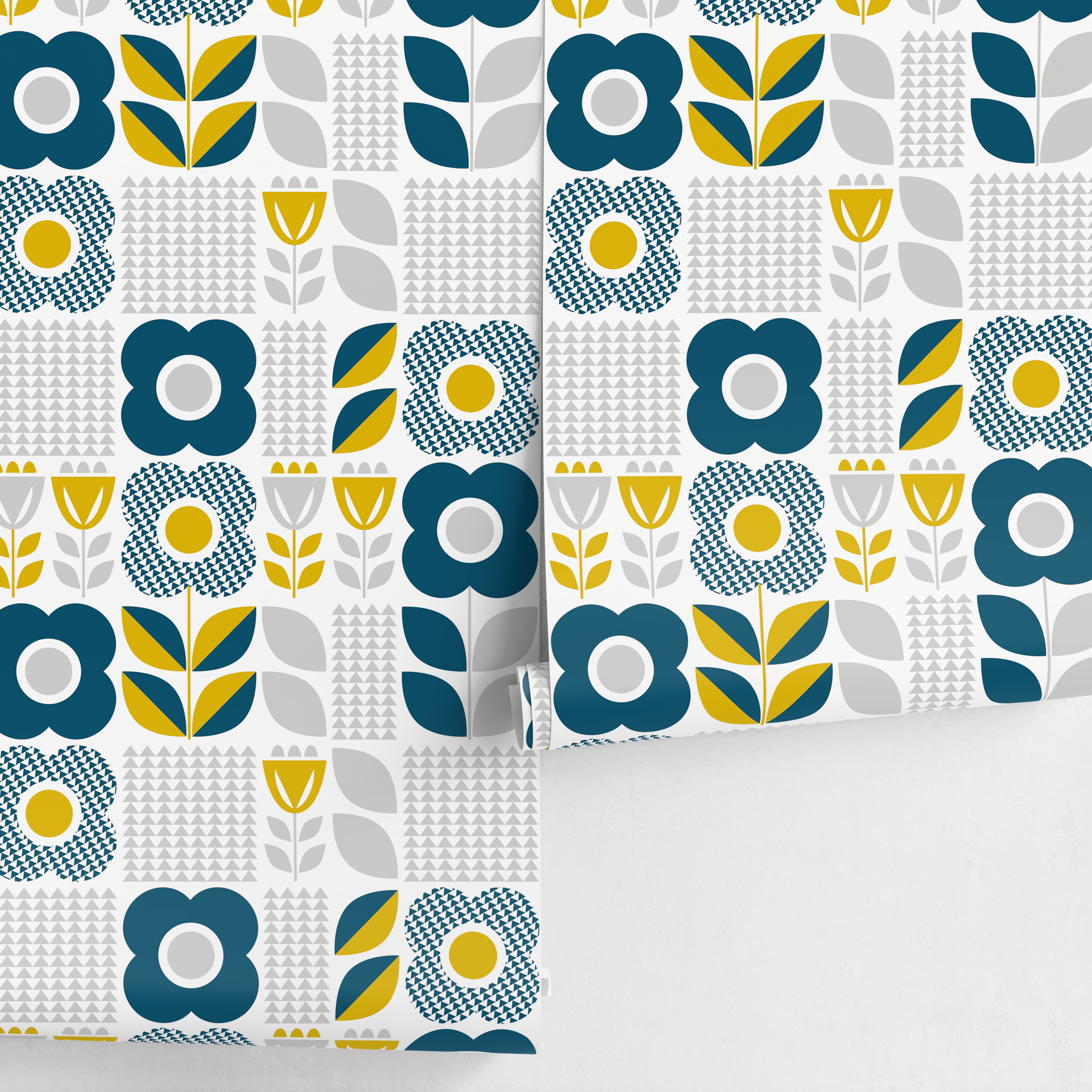 Scandinavian Wallpaper With Geometric Block Flowers In Teal, Yellow, And Gray - A685