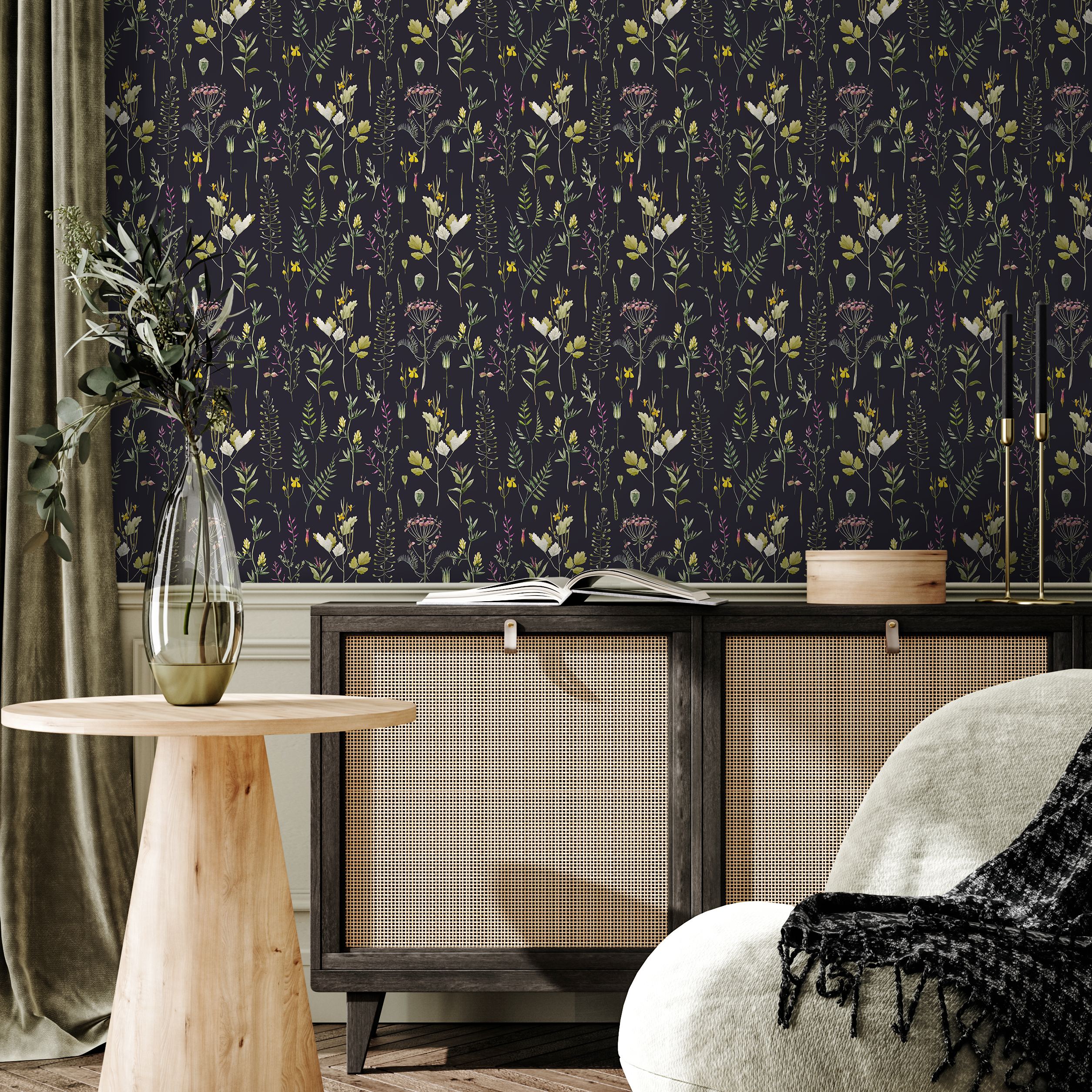 Botanical Wallpaper With A Vintage Wildflower Motif In Black, Green, And Yellow - A686