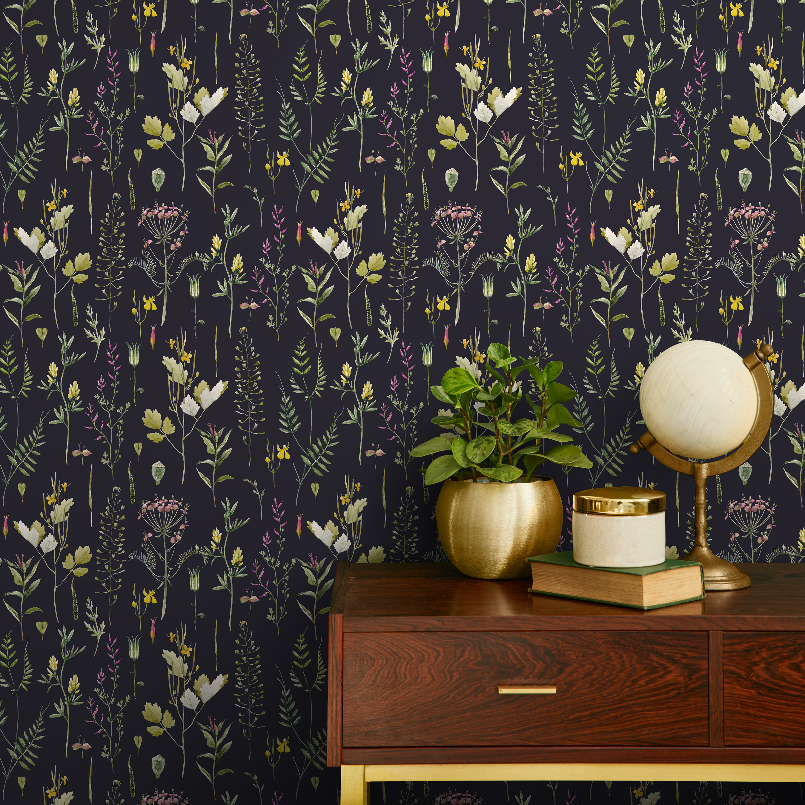 Botanical Wallpaper With A Vintage Wildflower Motif In Black, Green, And Yellow - A686