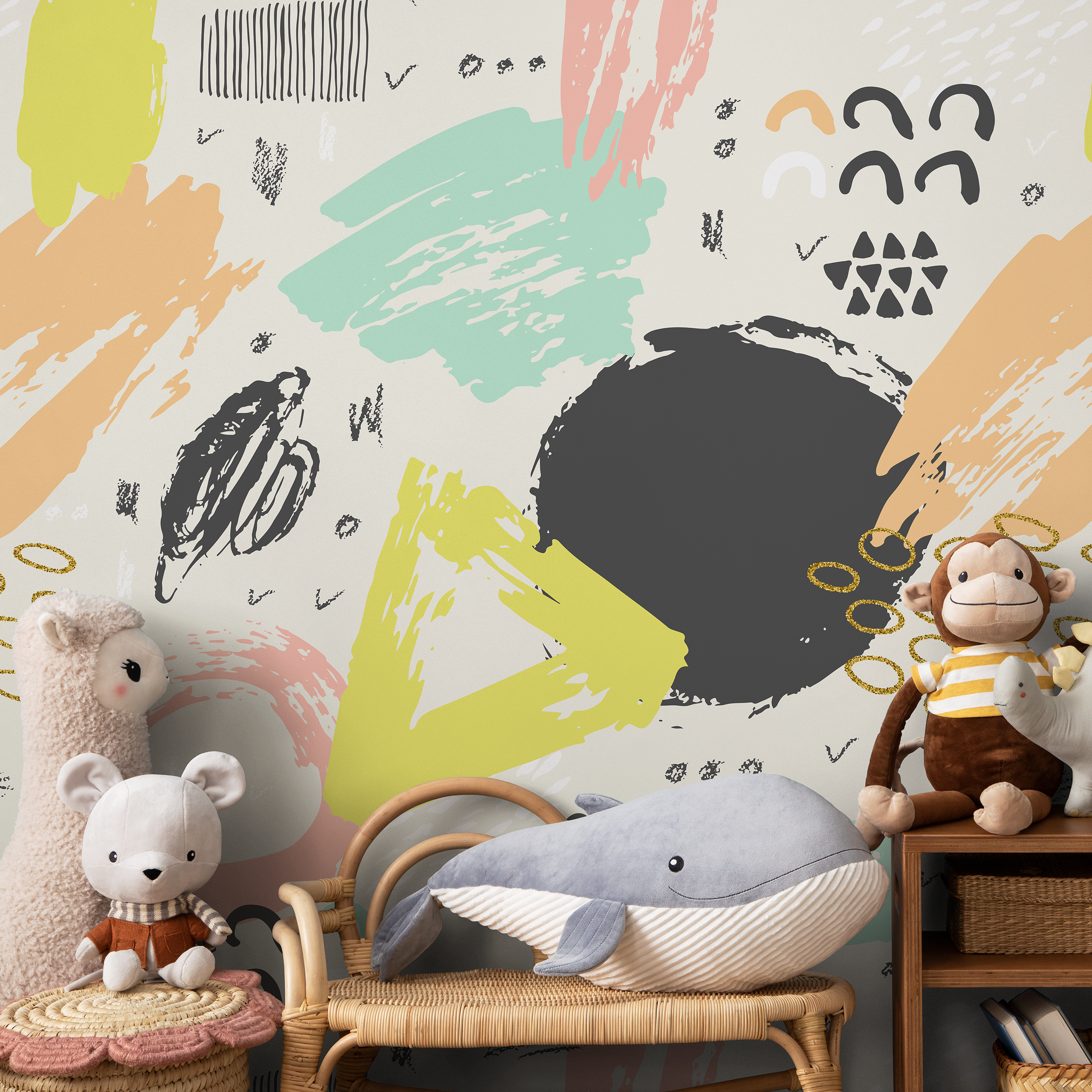 Abstract Wallpaper With Artistic Brush Strokes In Mint, Pink, And Yellow - A695