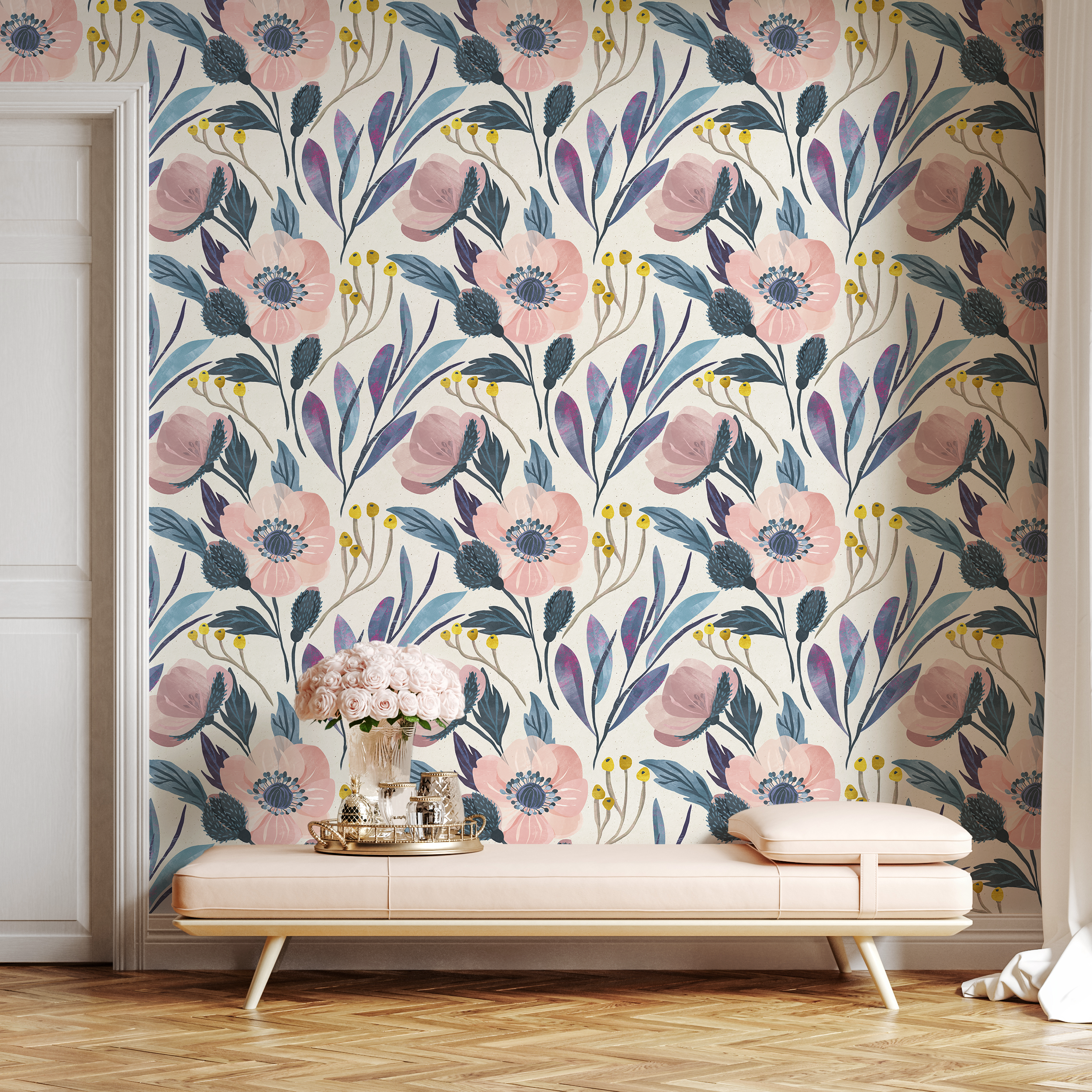 Floral Wallpaper With Modern Painted Anemones In Pink, Blue, And Yellow - A696