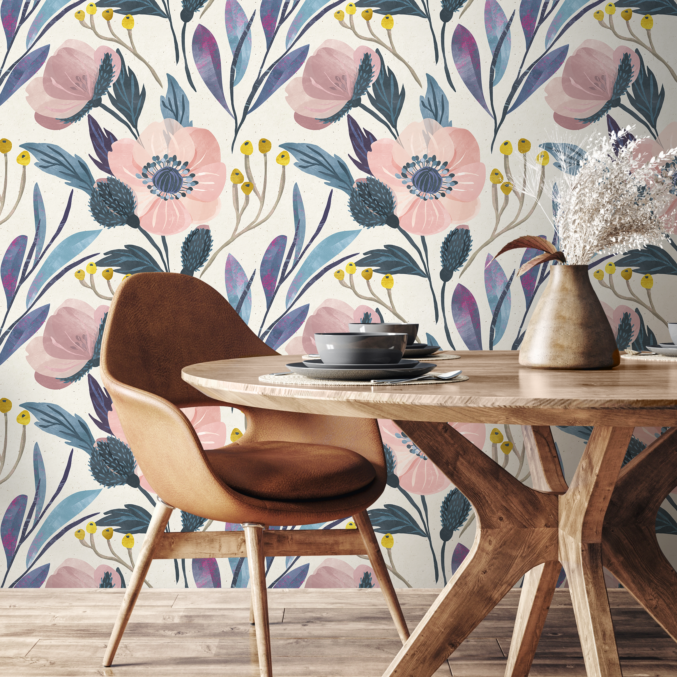 Floral Wallpaper With Modern Painted Anemones In Pink, Blue, And Yellow - A696
