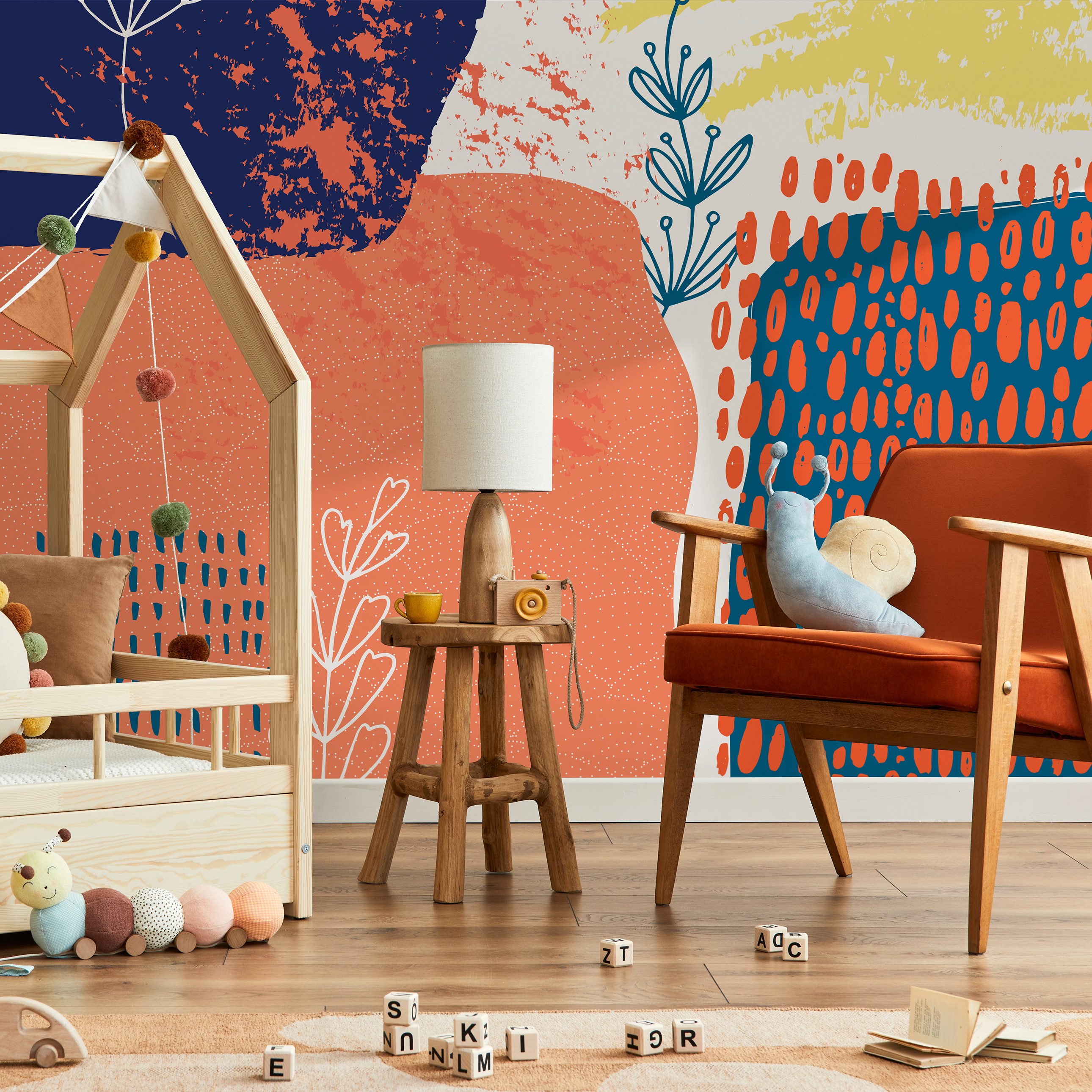 Abstract Wallpaper With Organic Shapes And Botanicals In Orange, Blue, And Yellow - A703