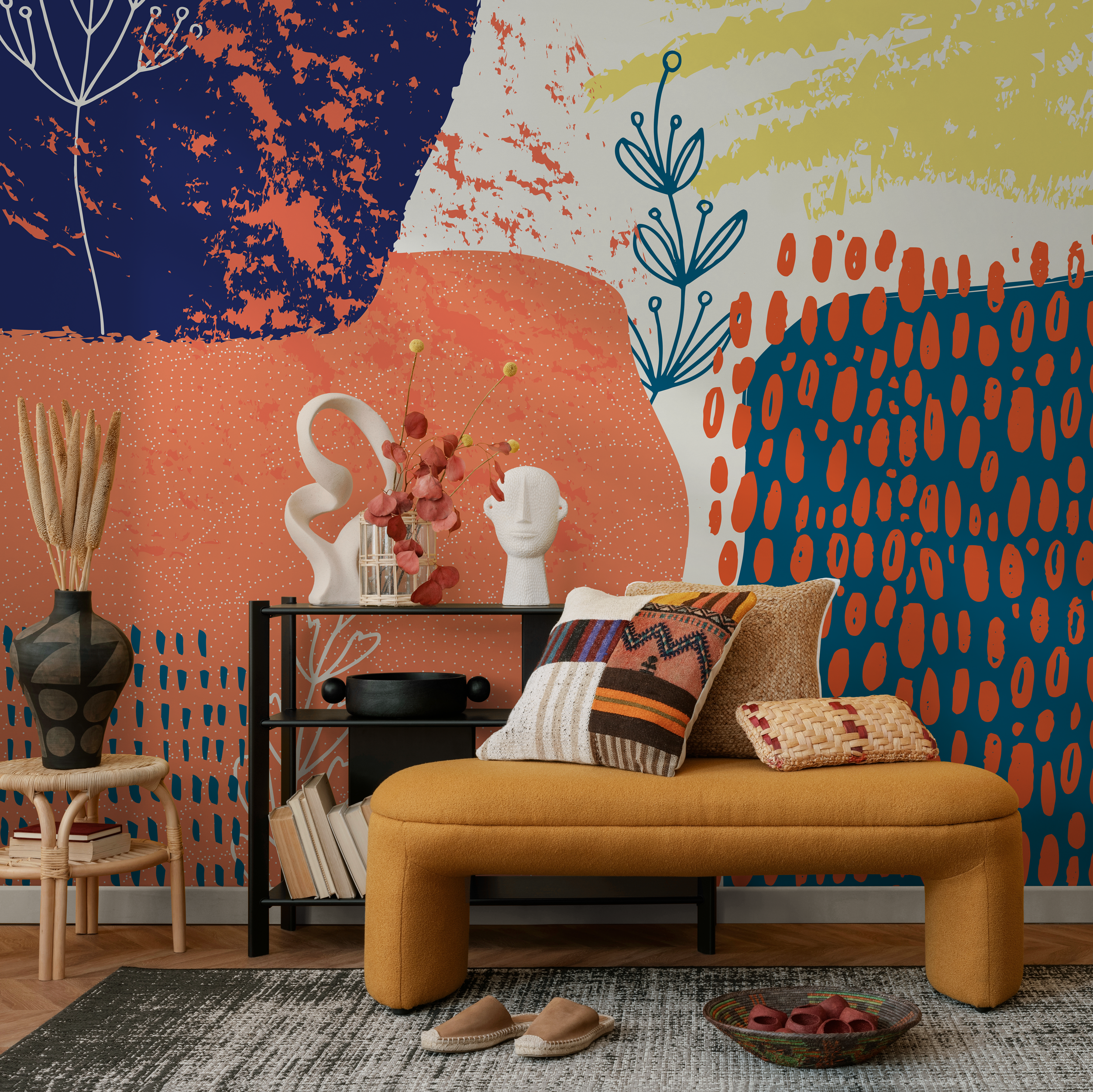 Abstract Wallpaper With Organic Shapes And Botanicals In Orange, Blue, And Yellow - A703