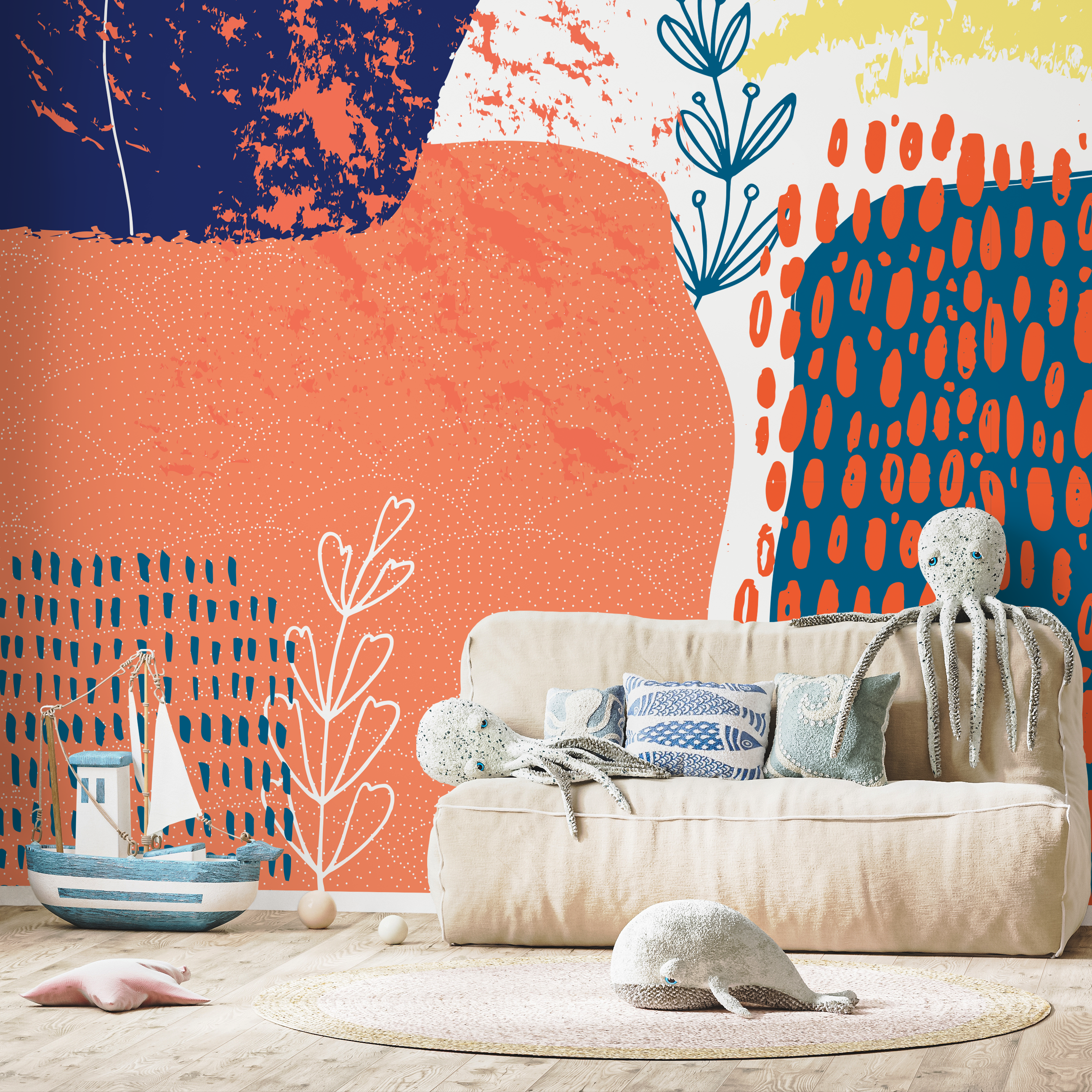 Abstract Wallpaper With Organic Shapes And Botanicals In Orange, Blue, And Yellow - A703