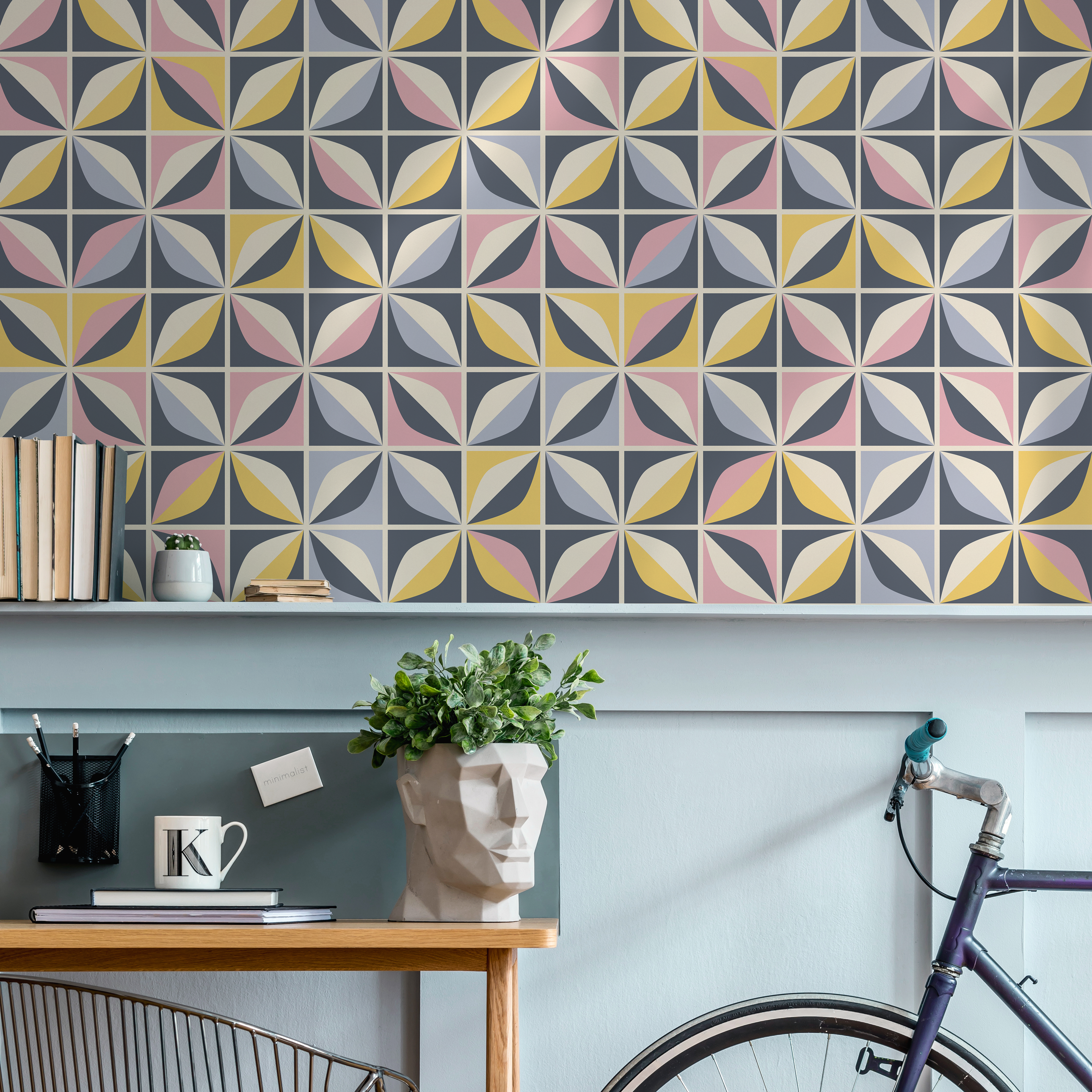 Geometric Wallpaper With A Tiled Petal Motif In Blue, Yellow, And Pink - A731