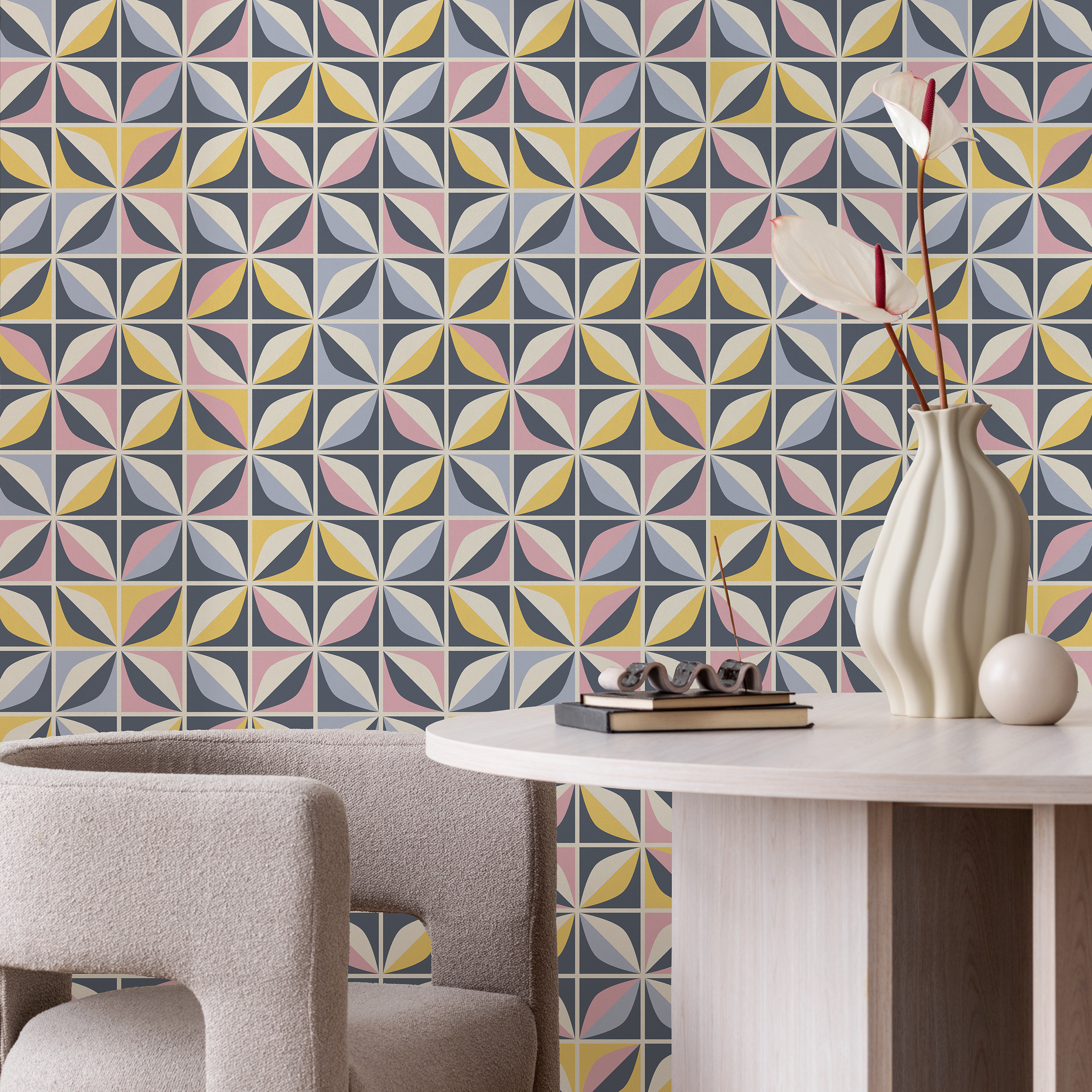 Geometric Wallpaper With A Tiled Petal Motif In Blue, Yellow, And Pink - A731
