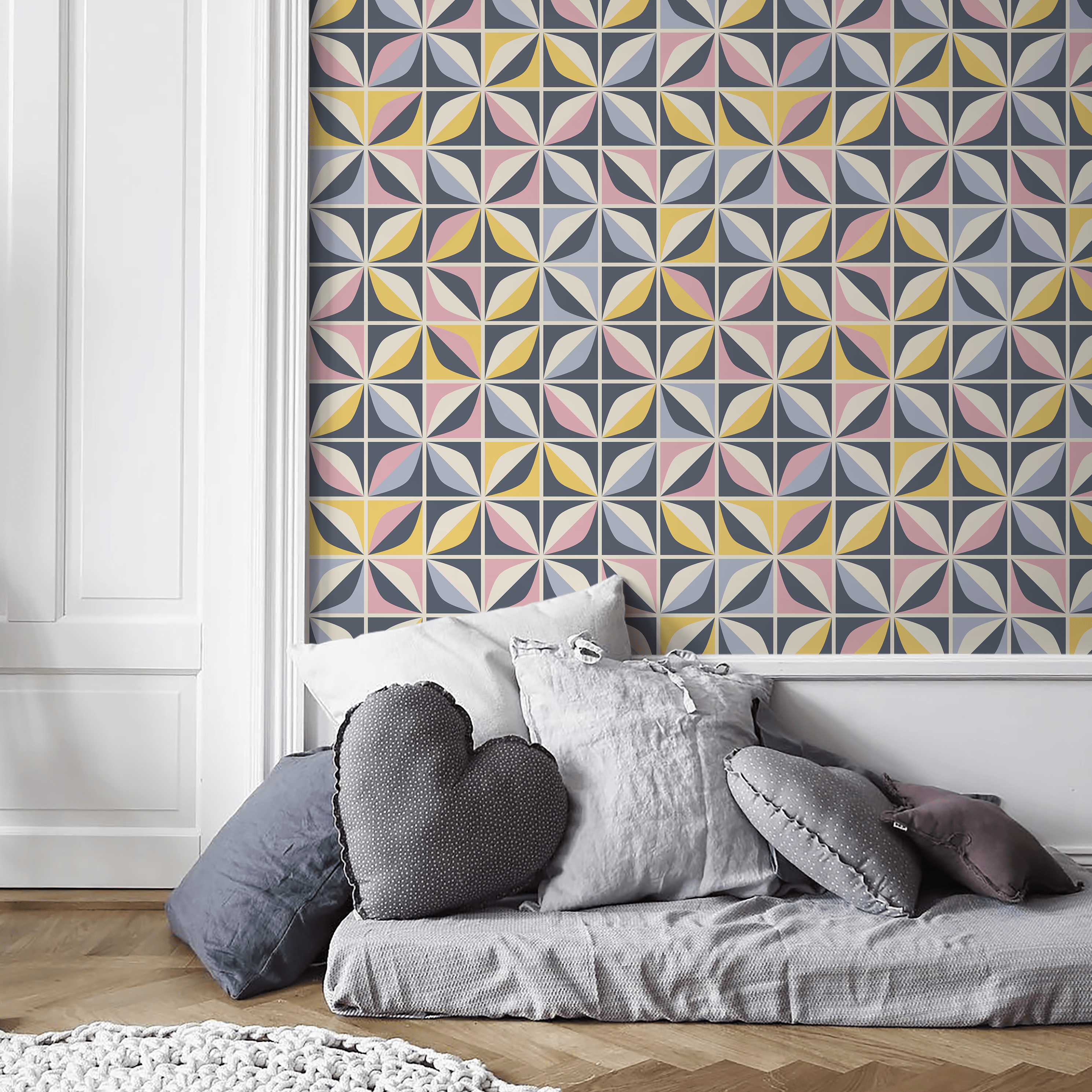 Geometric Wallpaper With A Tiled Petal Motif In Blue, Yellow, And Pink - A731
