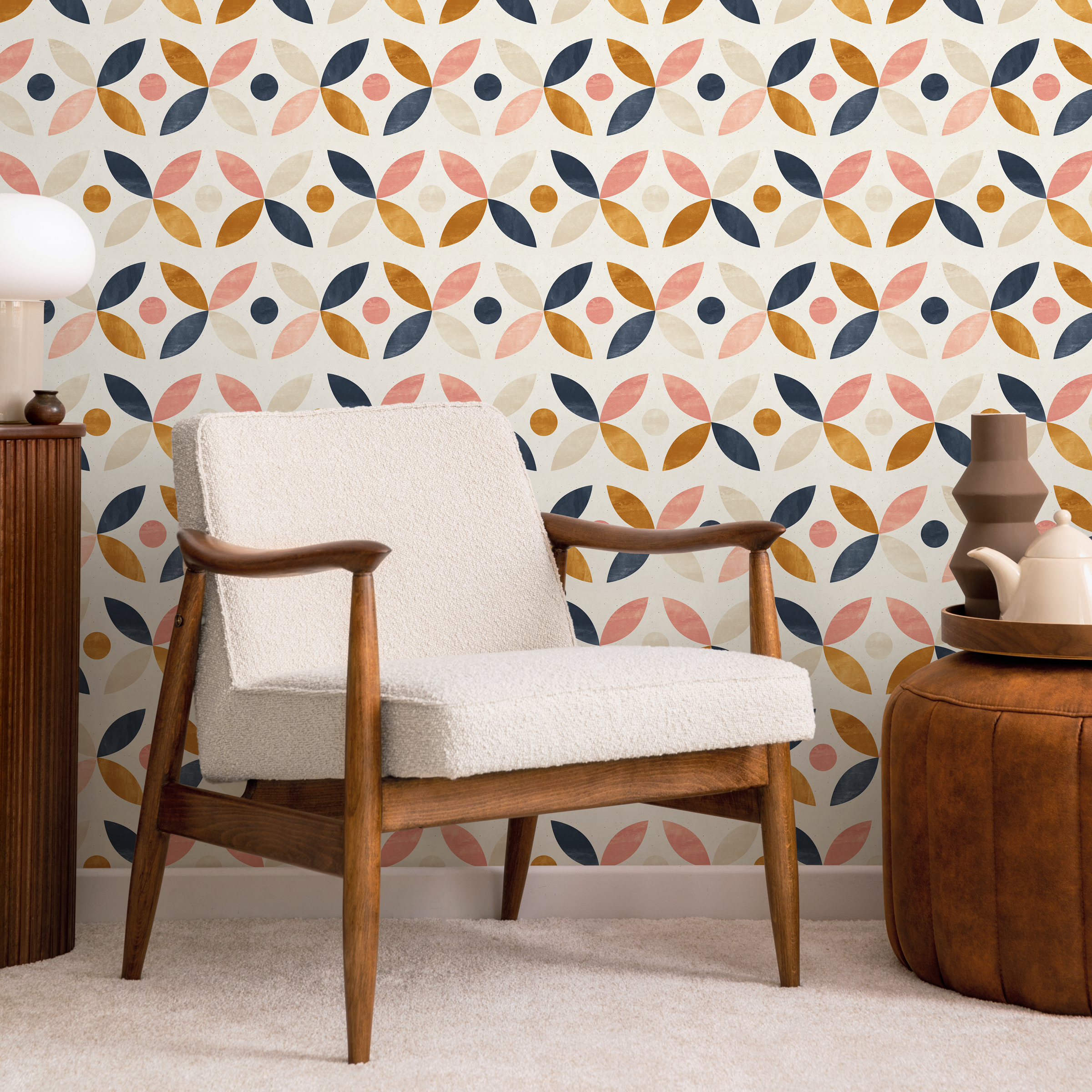 Geometric Wallpaper With An Interlocking Petal Motif In Navy Blue, Pink, And Mustard - A733