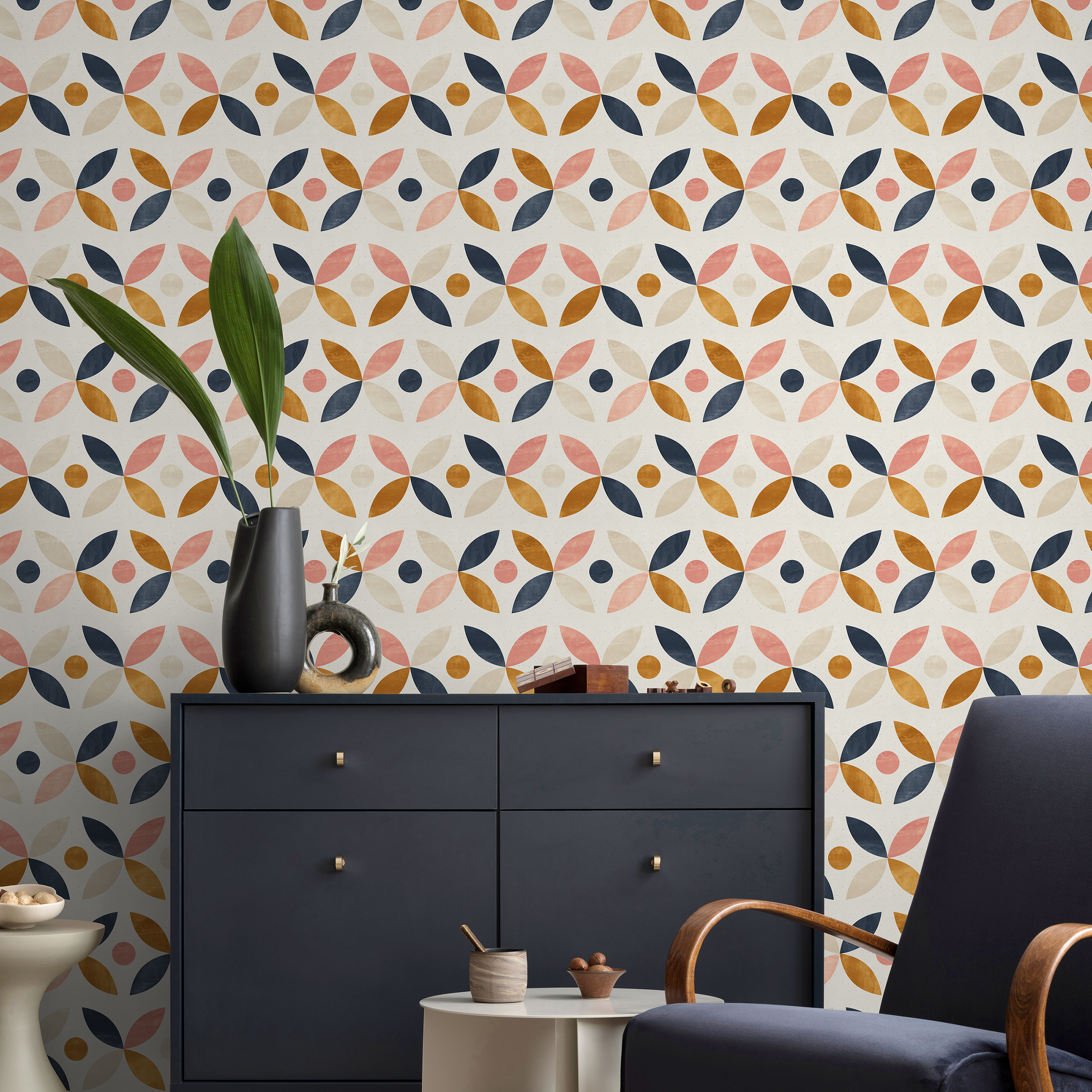 Geometric Wallpaper With An Interlocking Petal Motif In Navy Blue, Pink, And Mustard - A733