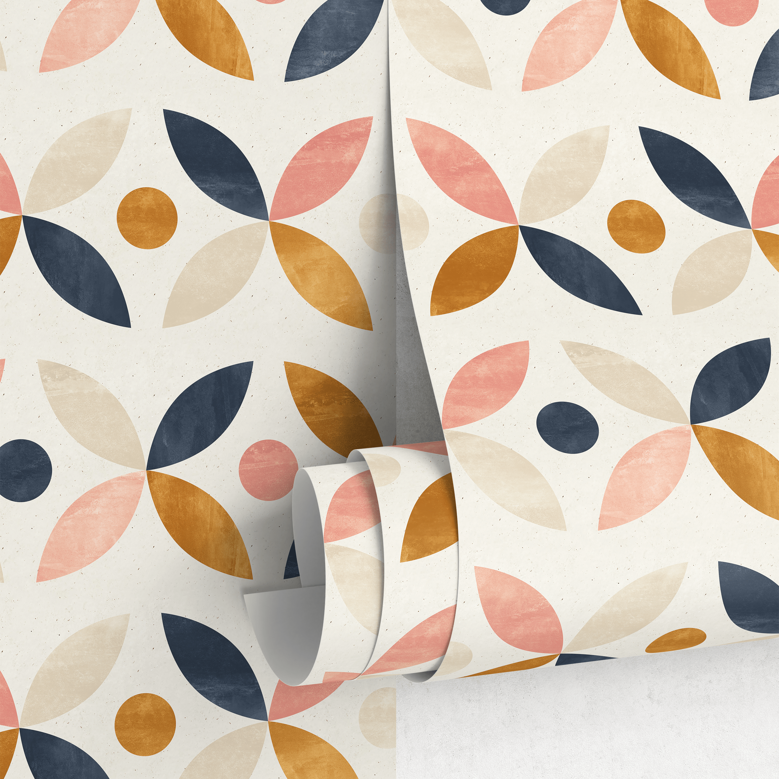 Geometric Wallpaper With An Interlocking Petal Motif In Navy Blue, Pink, And Mustard - A733