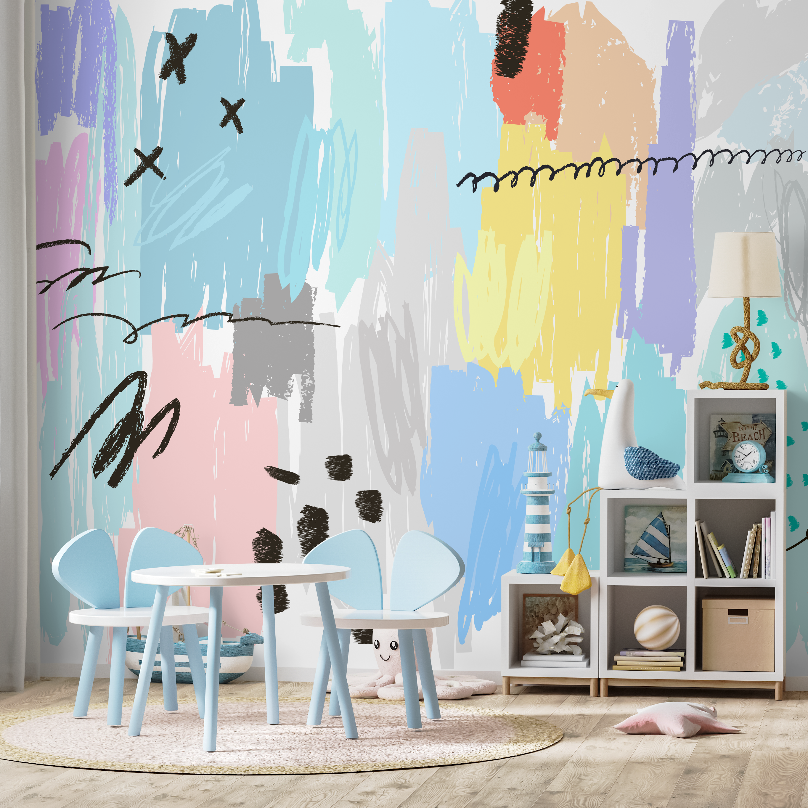 Abstract Wallpaper With Colorful Scribbles In Blue, Yellow, And Pink - A736