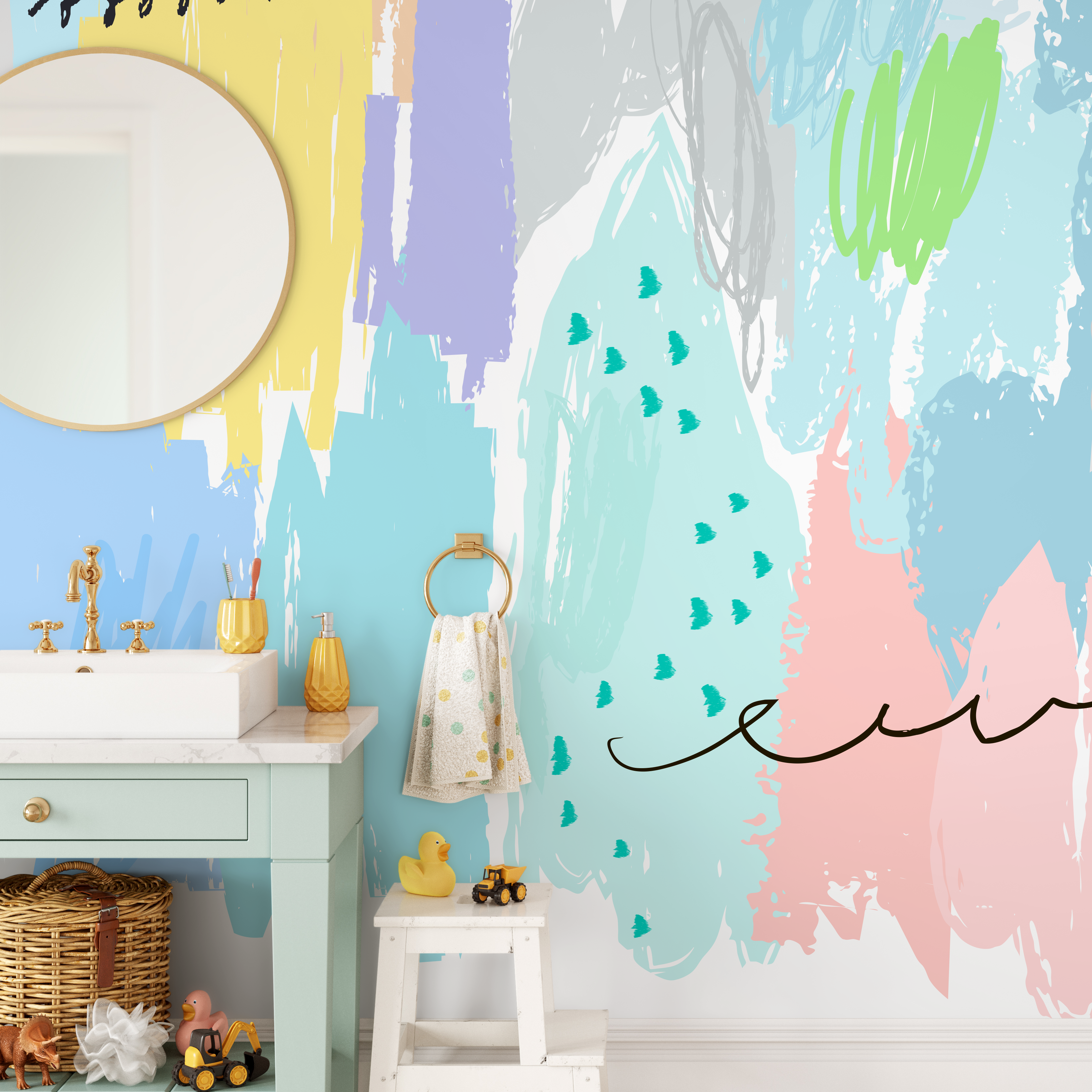 Abstract Wallpaper With Colorful Scribbles In Blue, Yellow, And Pink - A736