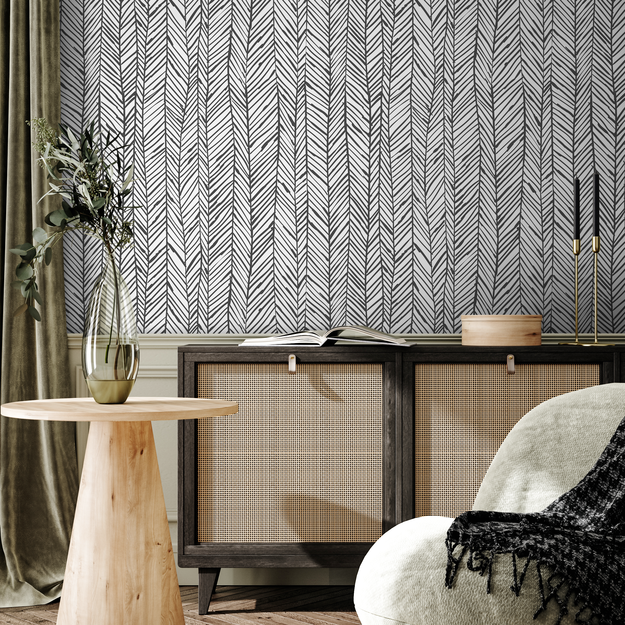 Scandinavian Wallpaper With A Hand-drawn Herringbone Motif In Black And White - A738