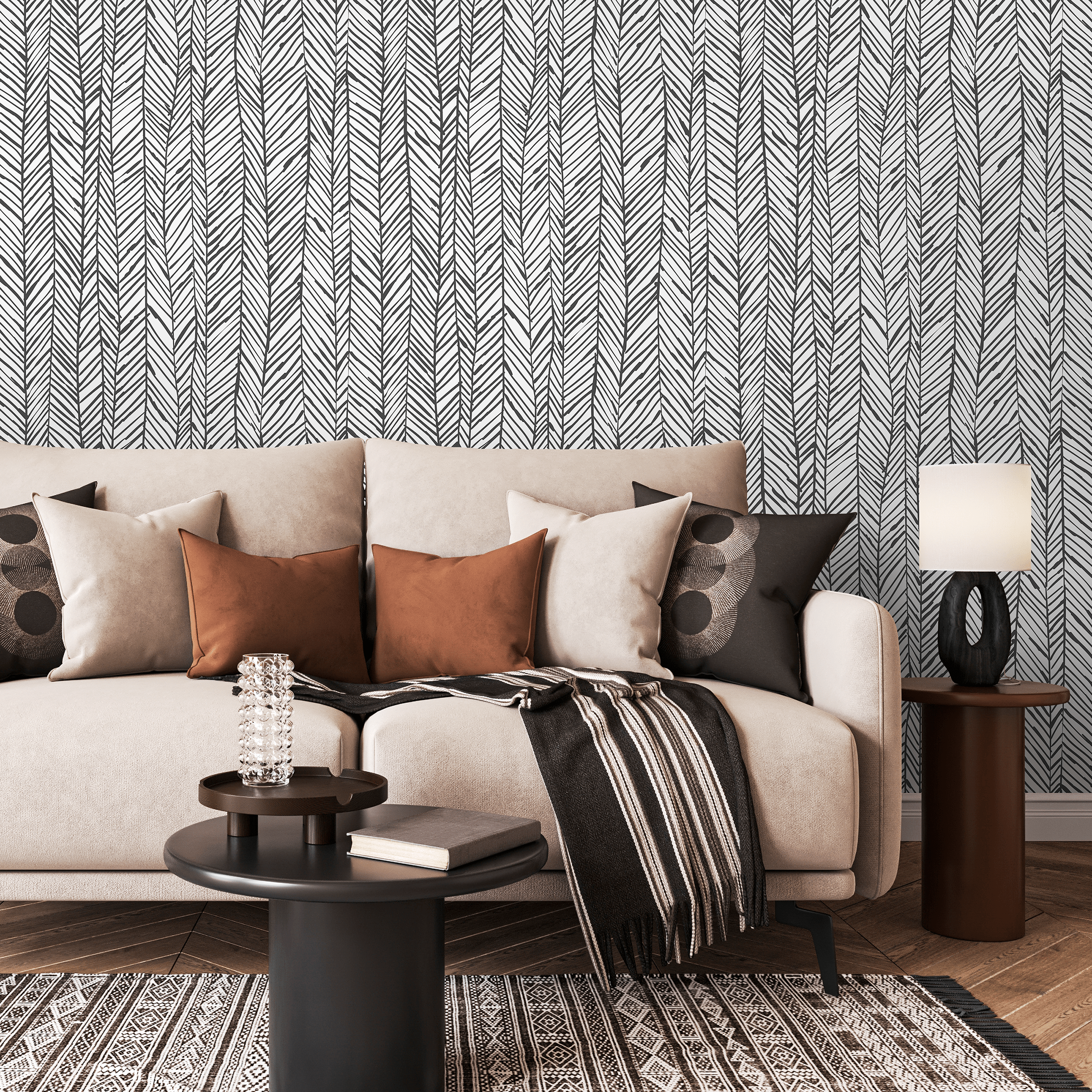 Scandinavian Wallpaper With A Hand-drawn Herringbone Motif In Black And White - A738