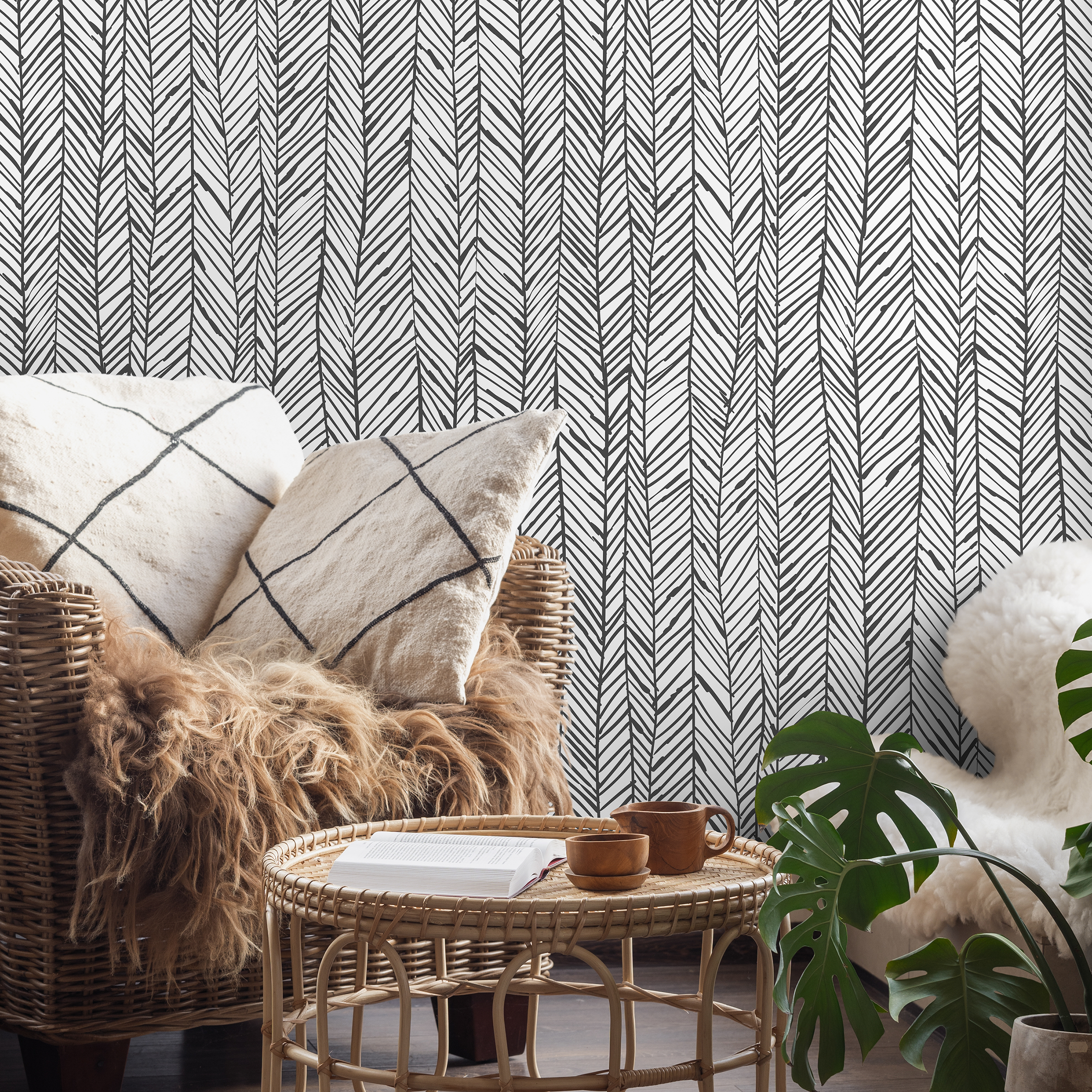 Scandinavian Wallpaper With A Hand-drawn Herringbone Motif In Black And White - A738