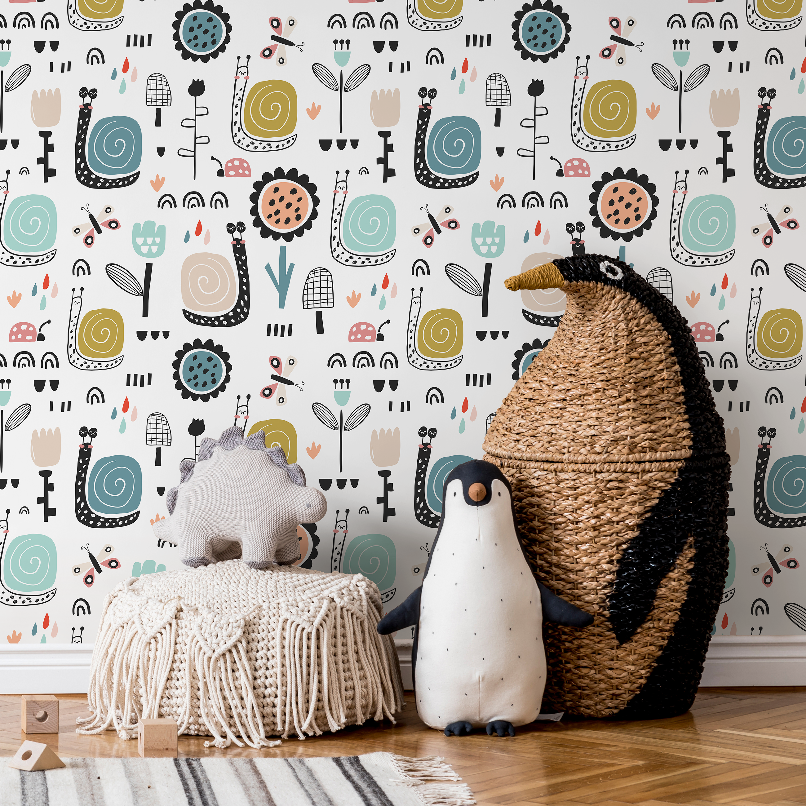 Kids Wallpaper With Whimsical Snails And Florals In Blue, Gold, And Pink - A742