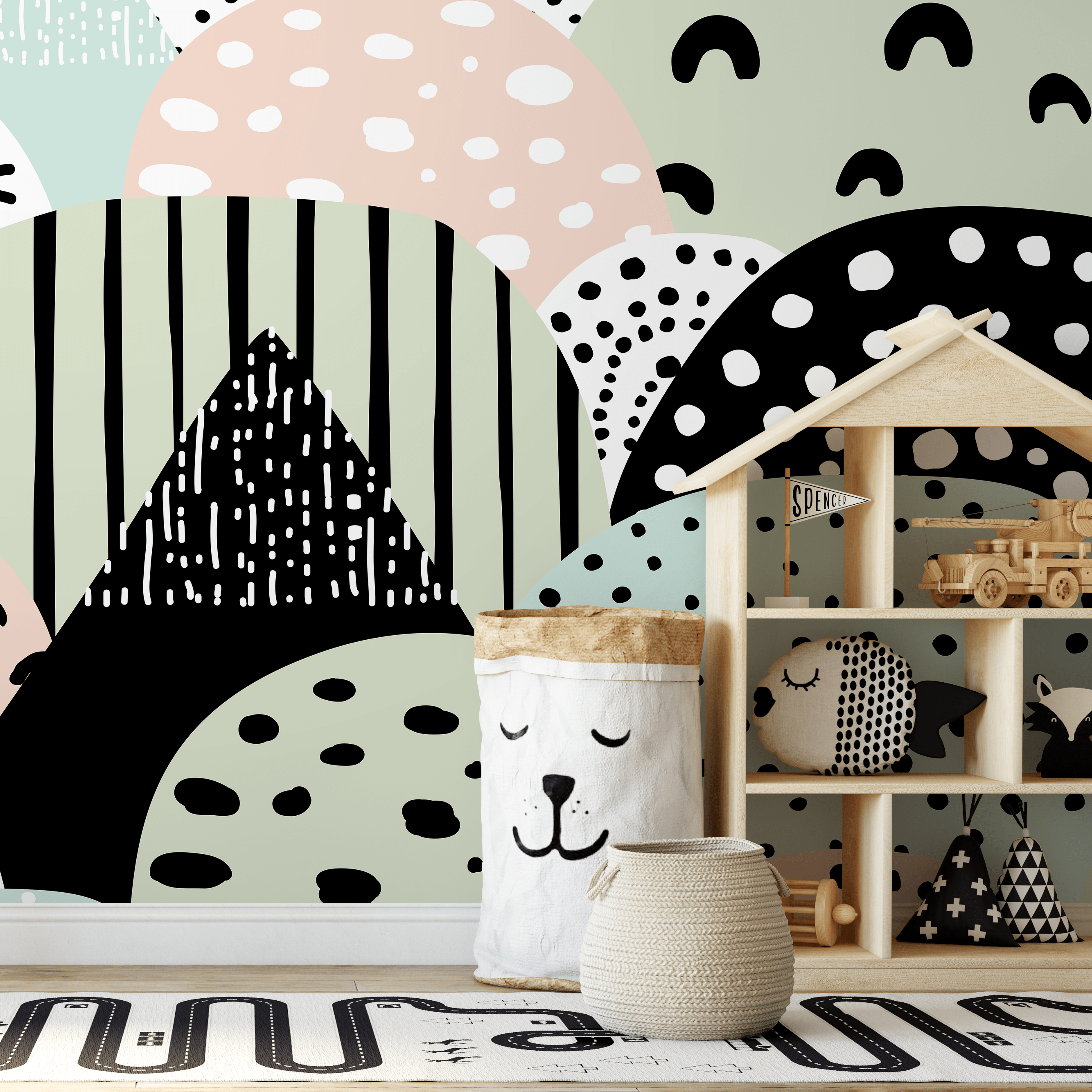 Abstract Wallpaper With Playful Shapes And Patterns In Black, Green, And Pink - A746