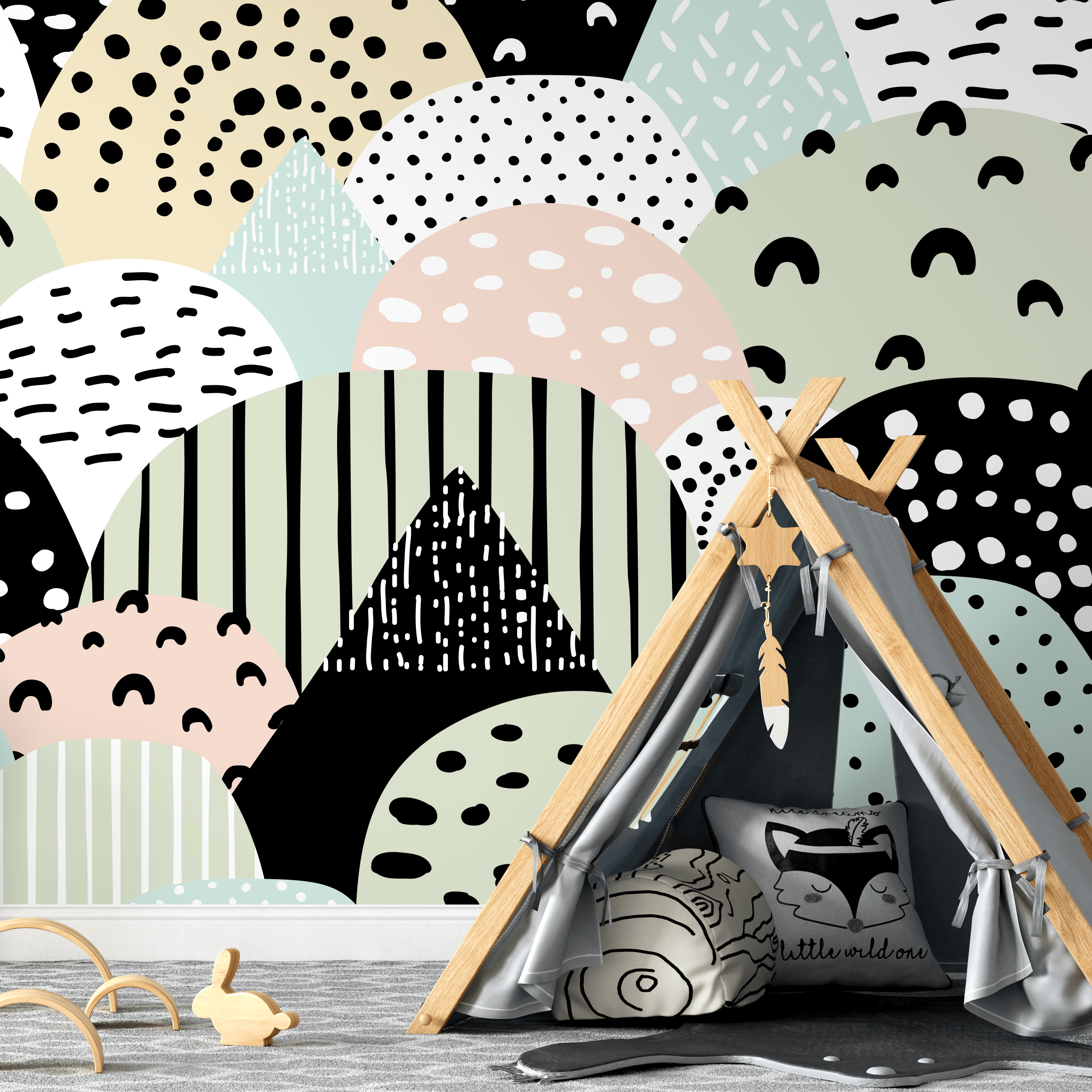 Abstract Wallpaper With Playful Shapes And Patterns In Black, Green, And Pink - A746