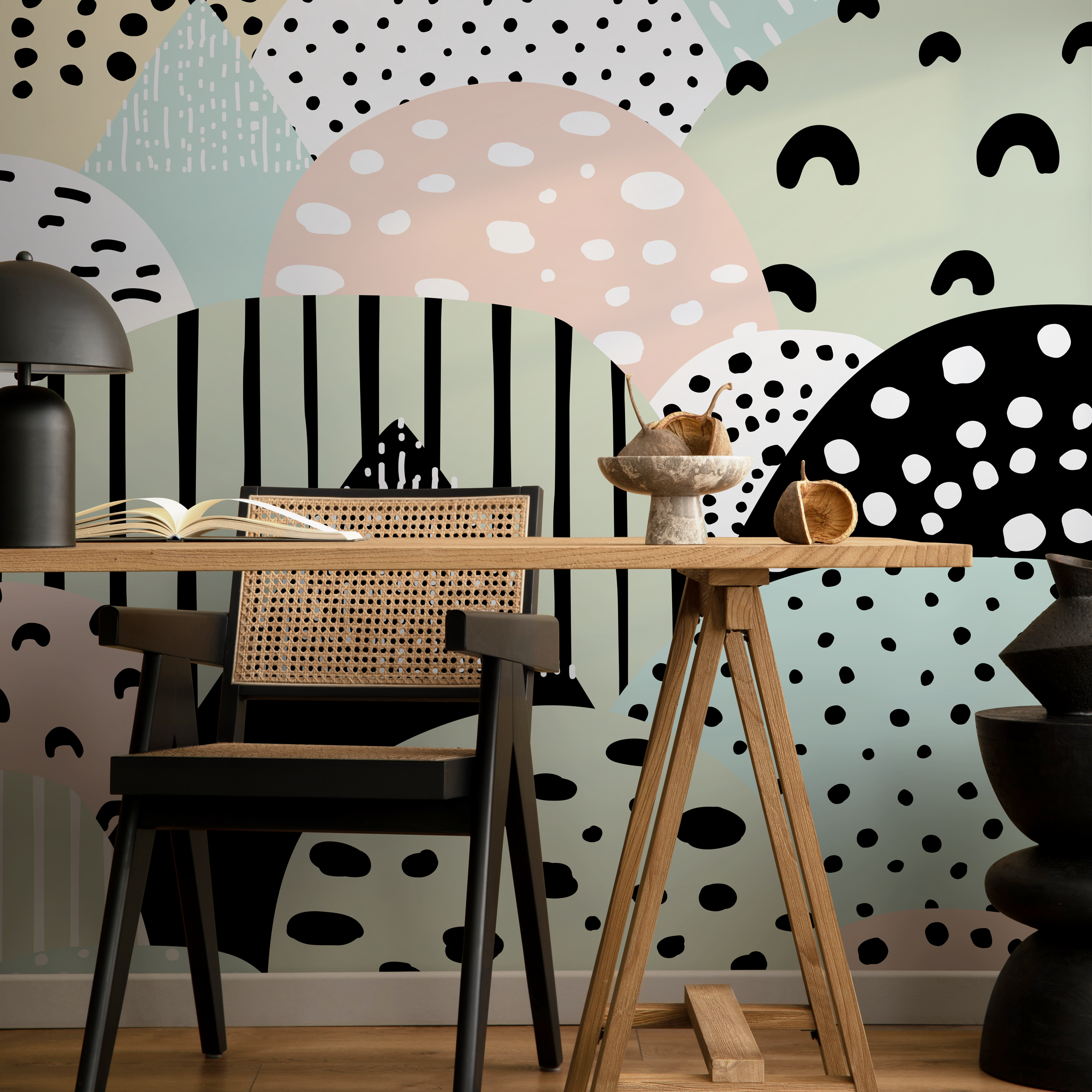 Abstract Wallpaper With Playful Shapes And Patterns In Black, Green, And Pink - A746