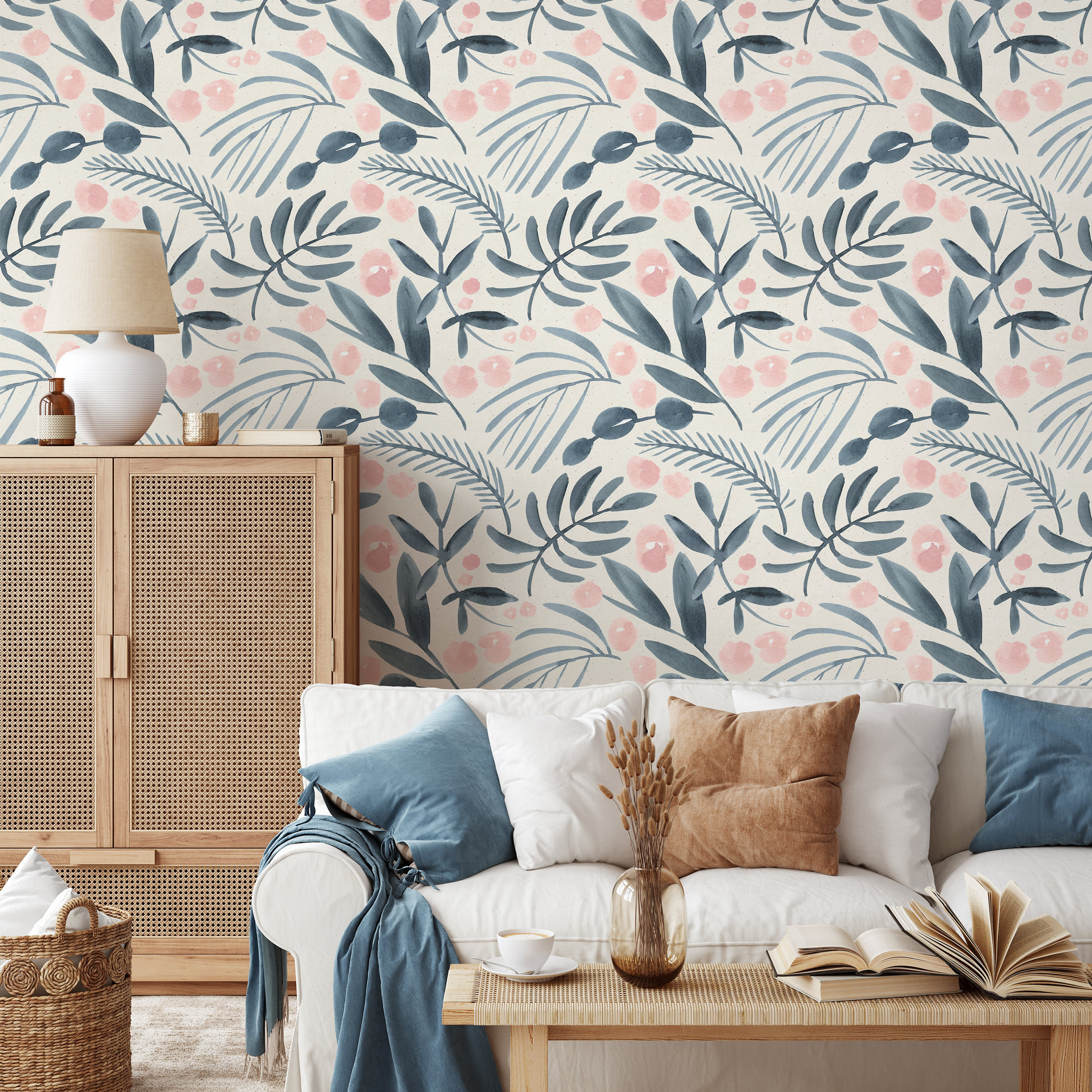 Scandinavian Wallpaper With Painted Leaves And Flowers In Blue And Pink - A748