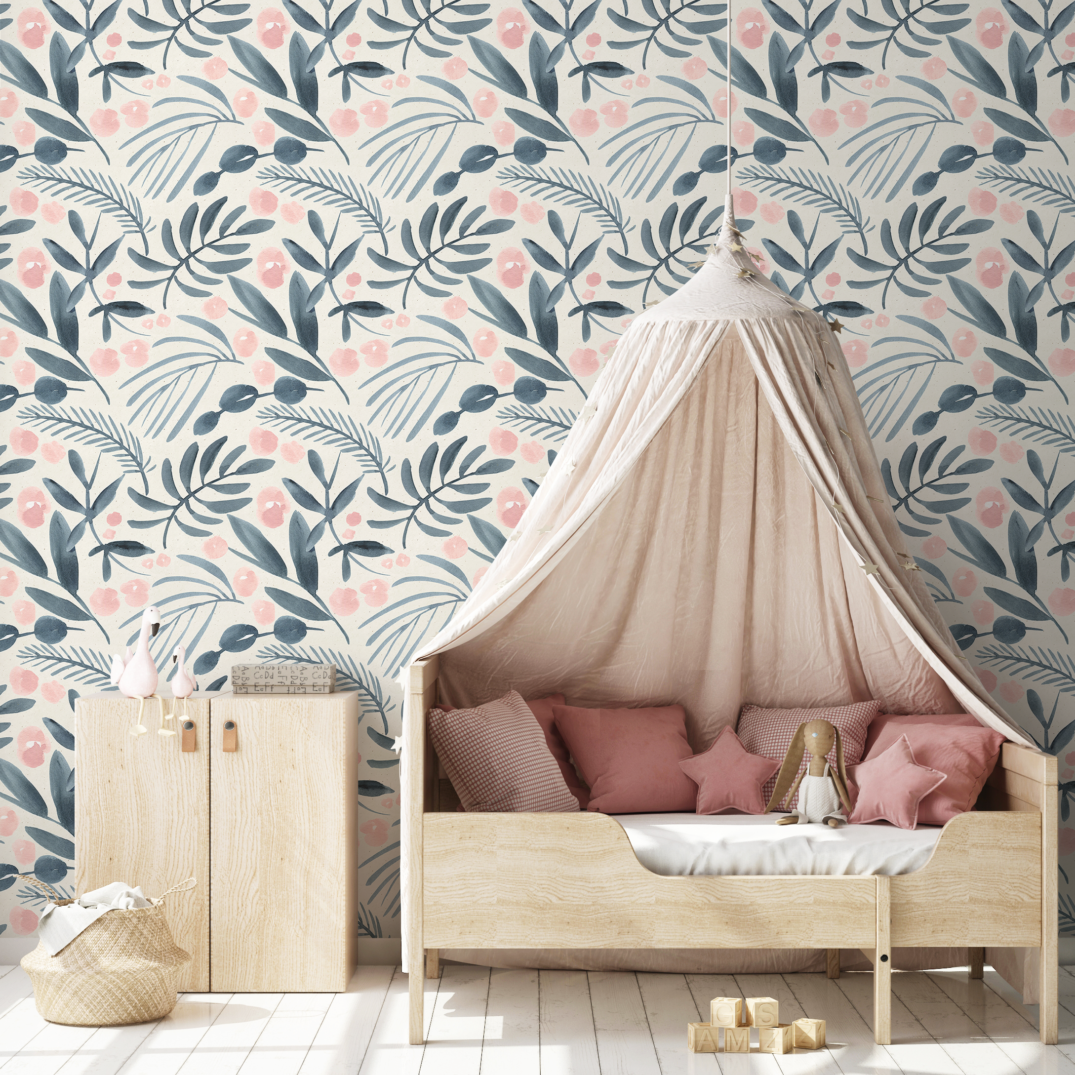 Scandinavian Wallpaper With Painted Leaves And Flowers In Blue And Pink - A748