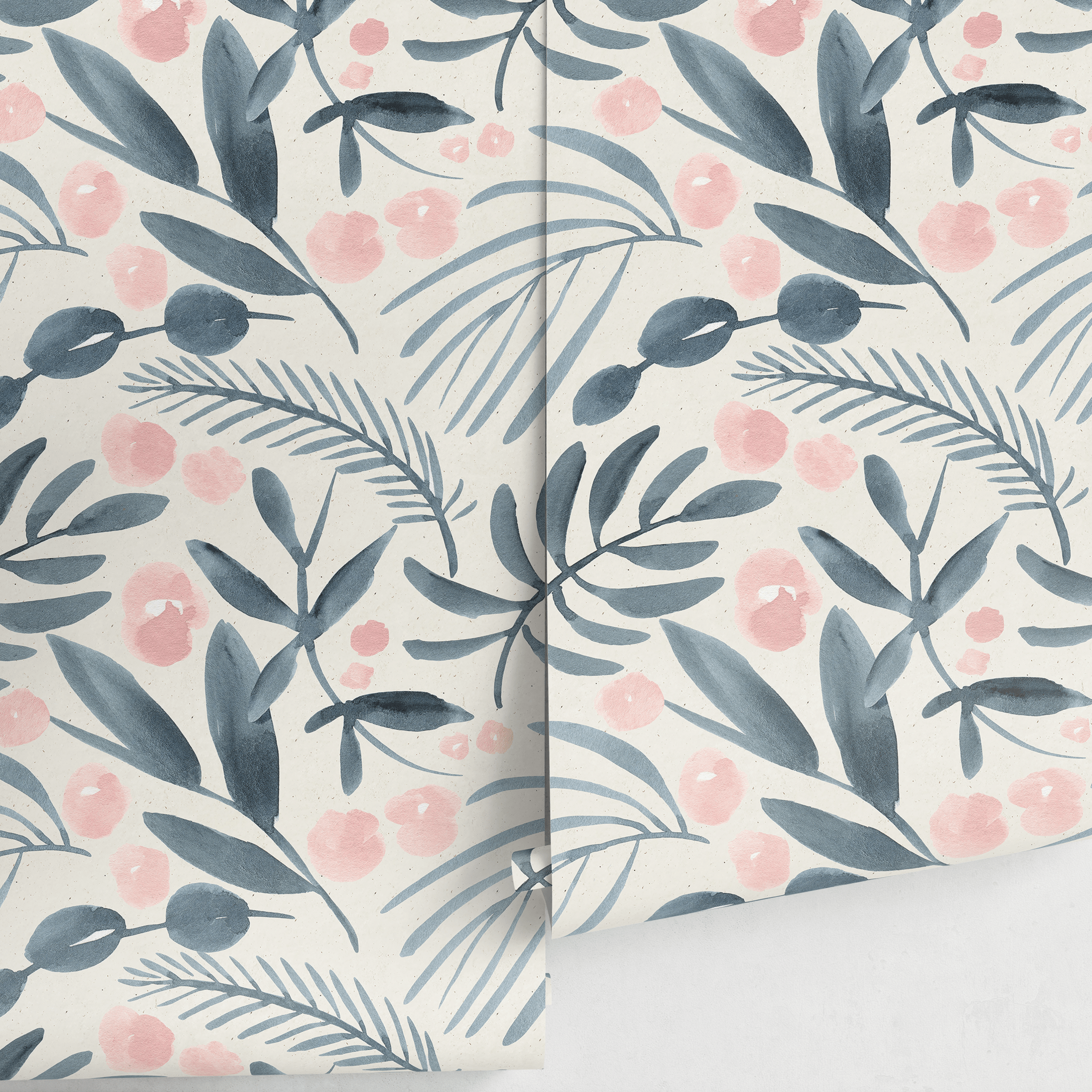 Scandinavian Wallpaper With Painted Leaves And Flowers In Blue And Pink - A748