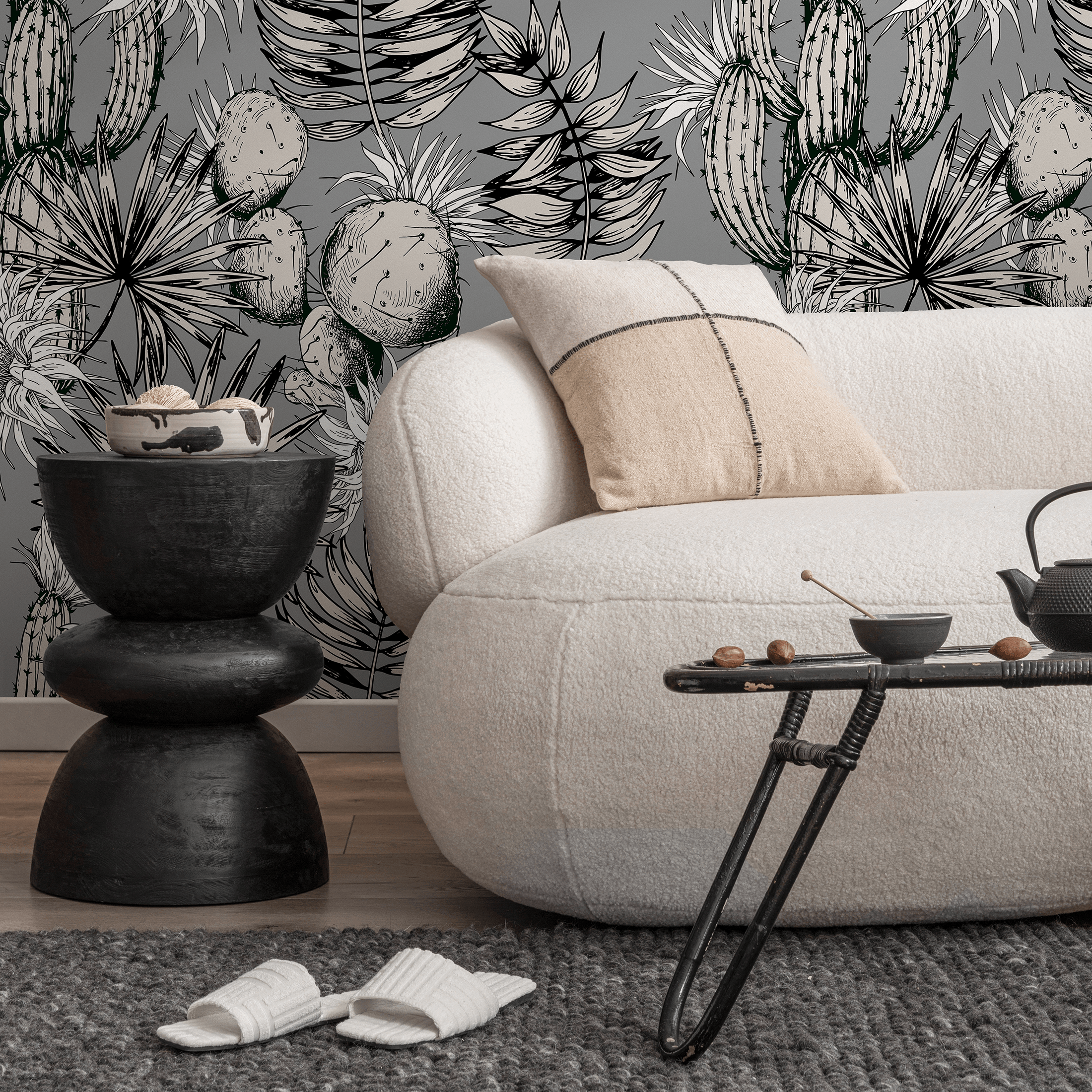 Botanical Wallpaper With A Vintage Cactus Illustration In Black, White, And Gray - A755