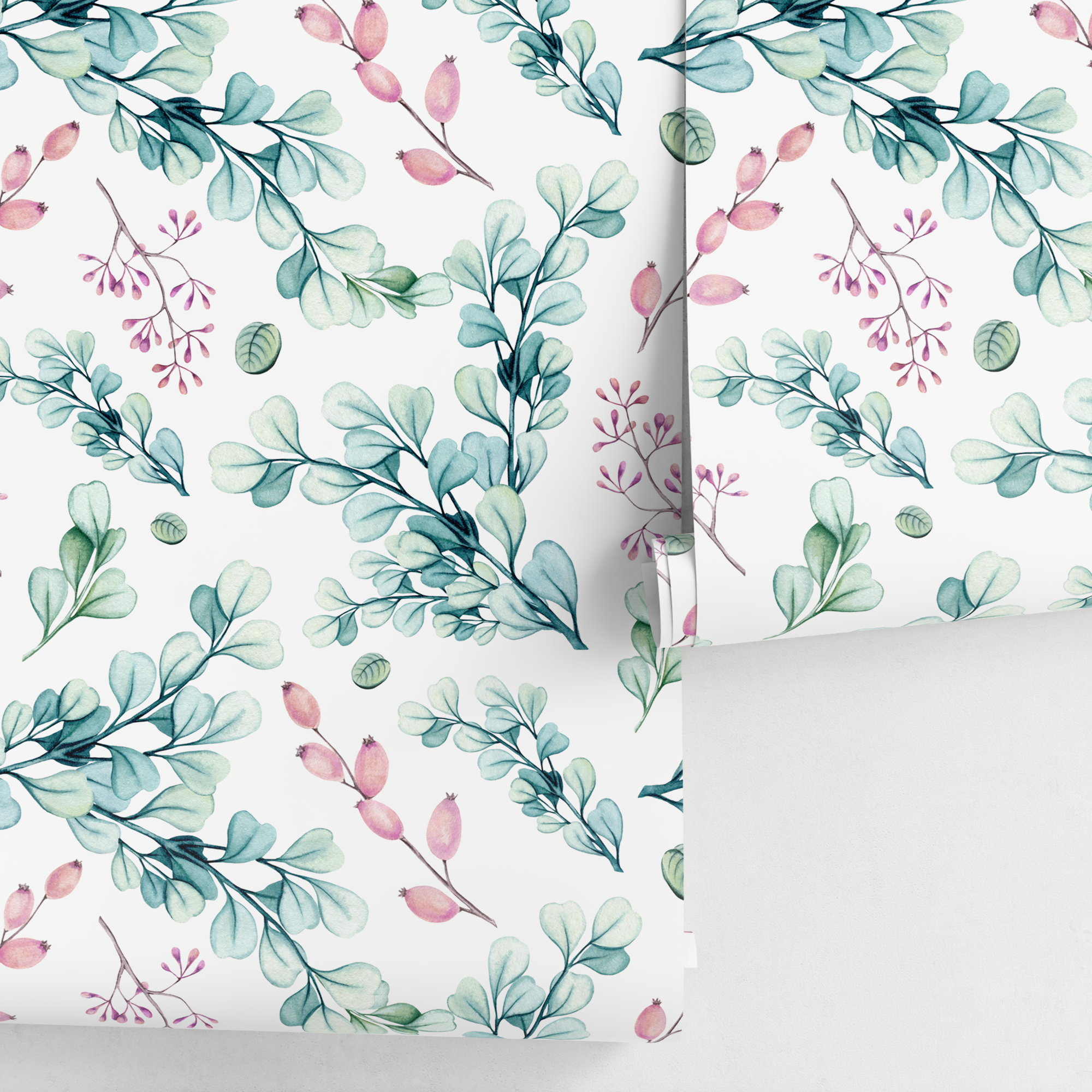 Botanical Wallpaper Featuring Watercolor Eucalyptus Leaves In Green And Pink - A758