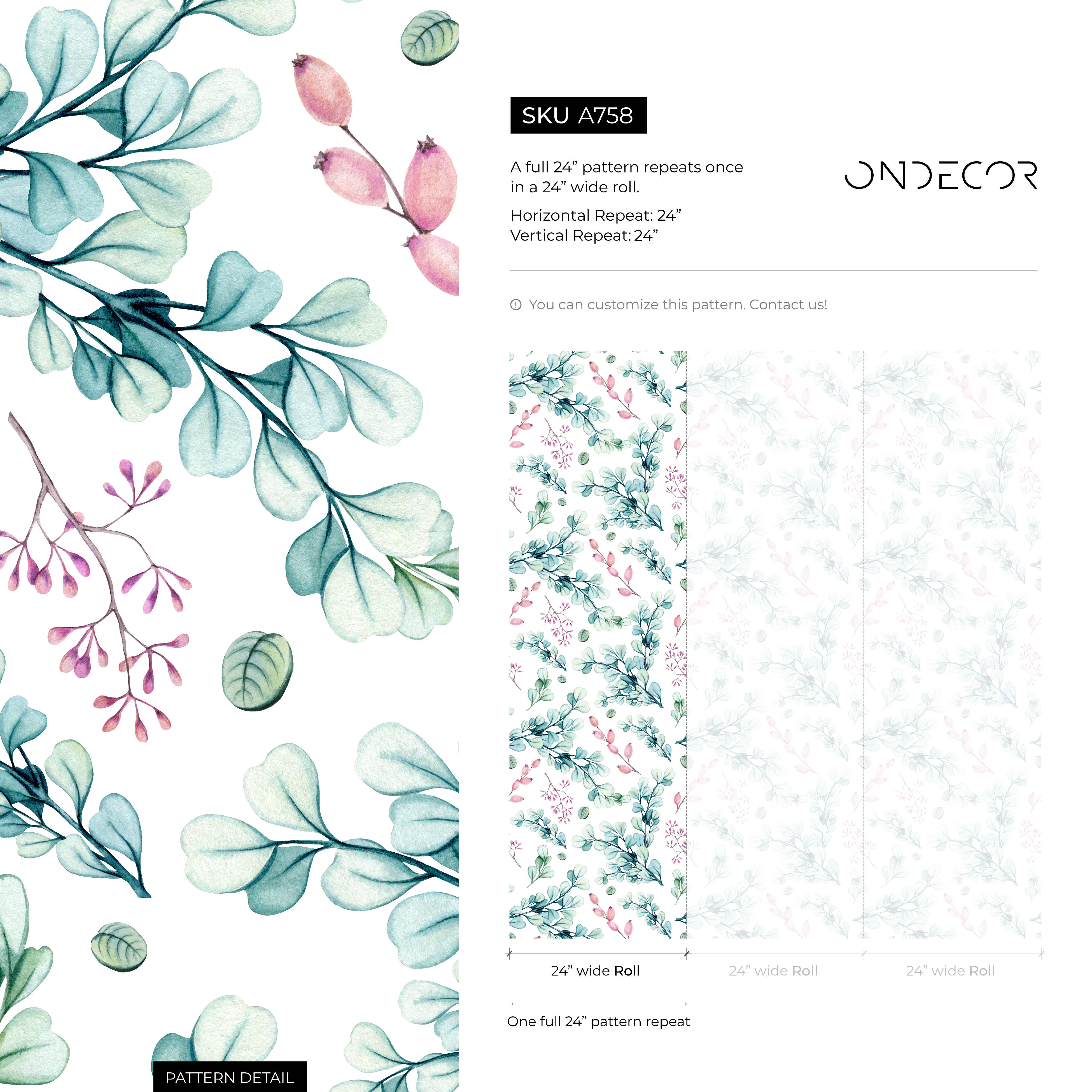 Botanical Wallpaper Featuring Watercolor Eucalyptus Leaves In Green And Pink - A758