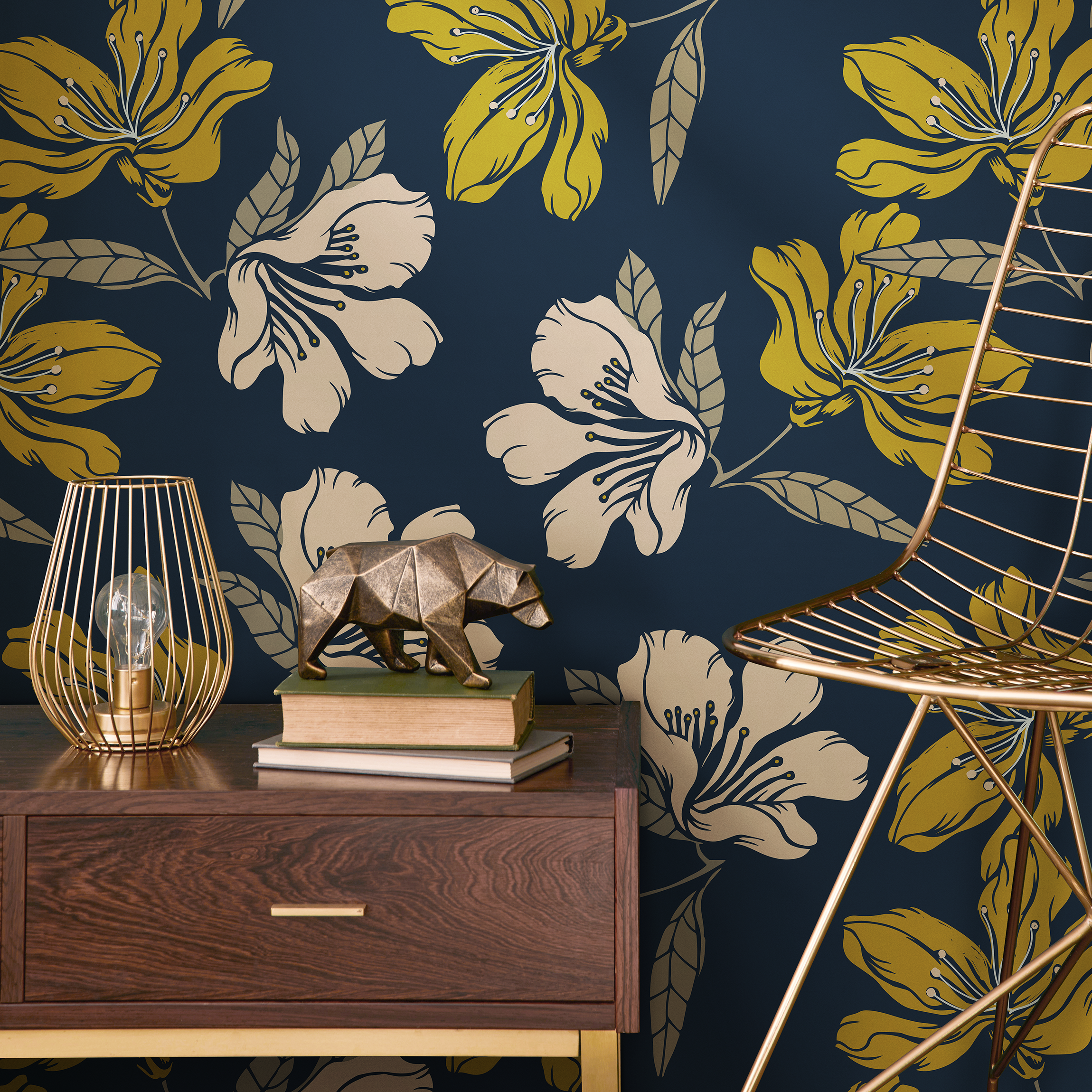 Floral Wallpaper With Stylized Blooms In Blue, Green, And Beige - A783