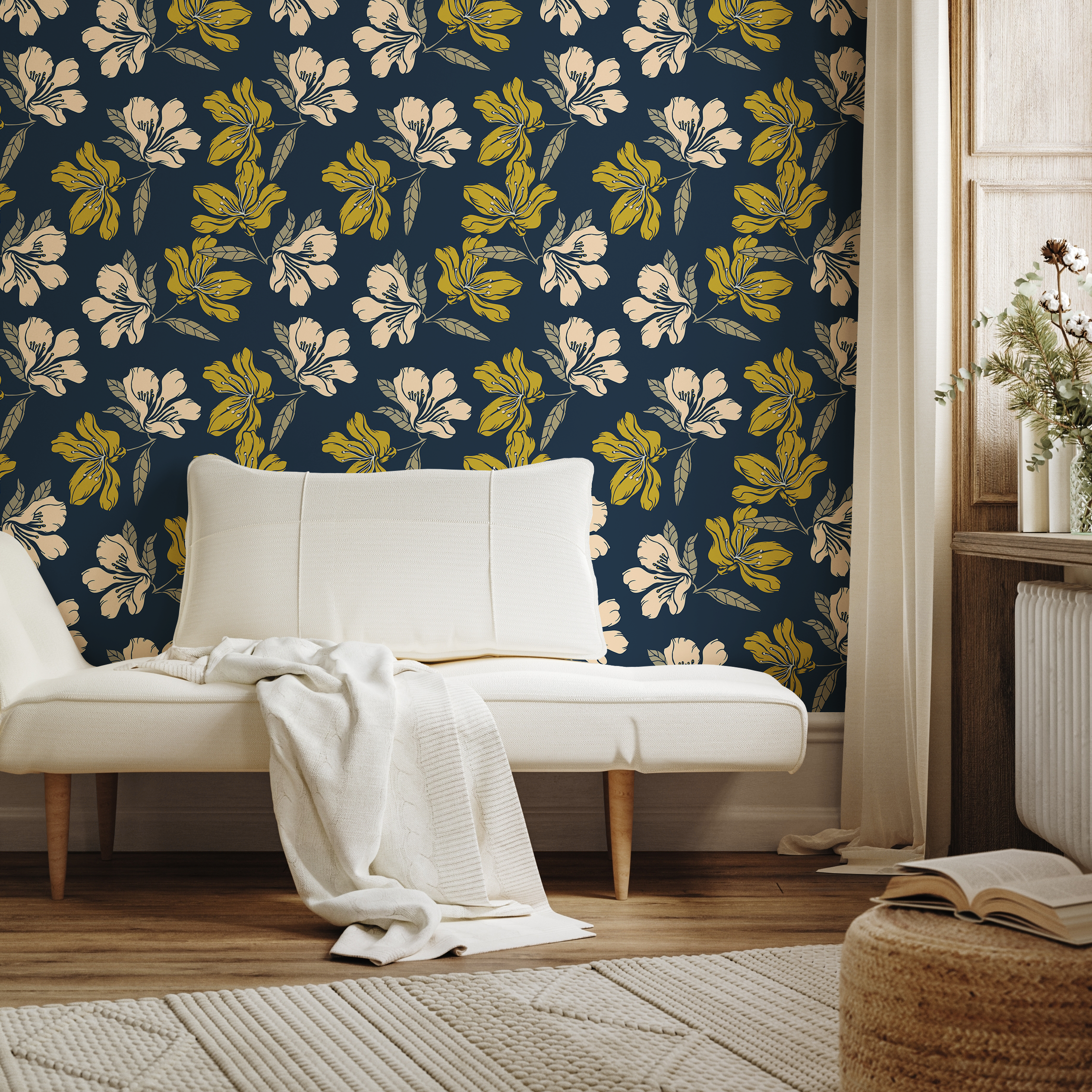 Floral Wallpaper With Stylized Blooms In Blue, Green, And Beige - A783