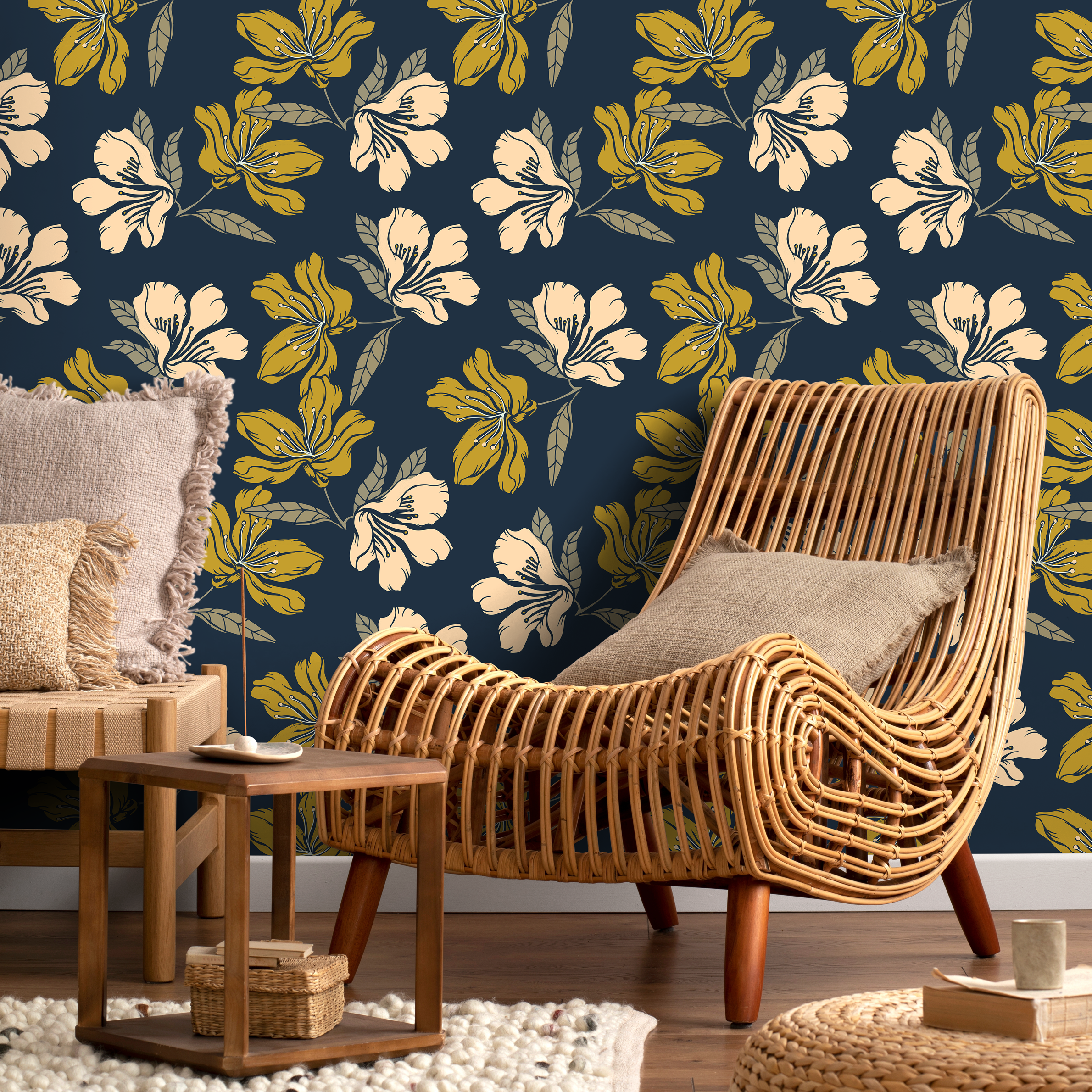 Floral Wallpaper With Stylized Blooms In Blue, Green, And Beige - A783