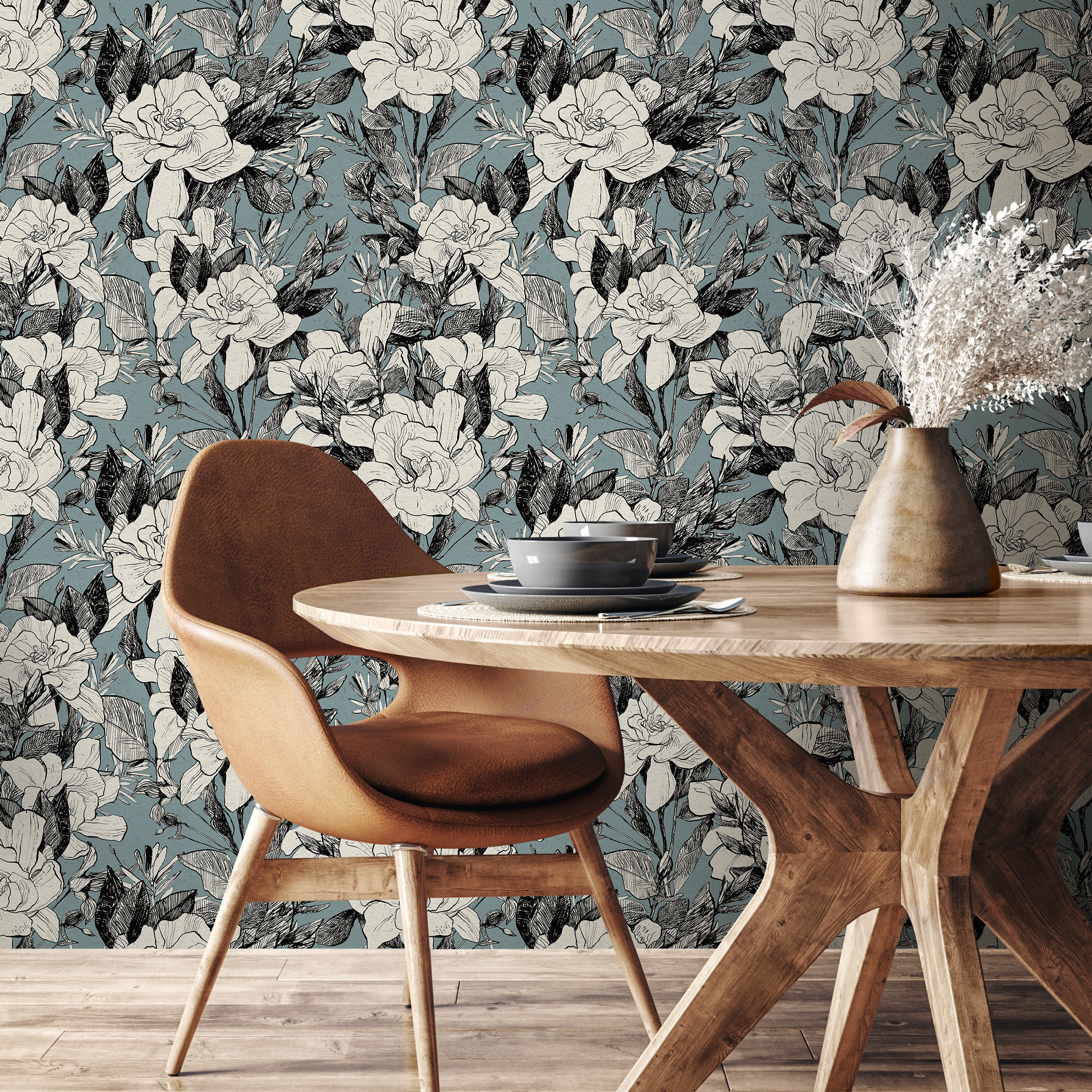 Floral Wallpaper With Sketched Gardenias In Blue, Black, And White - A786